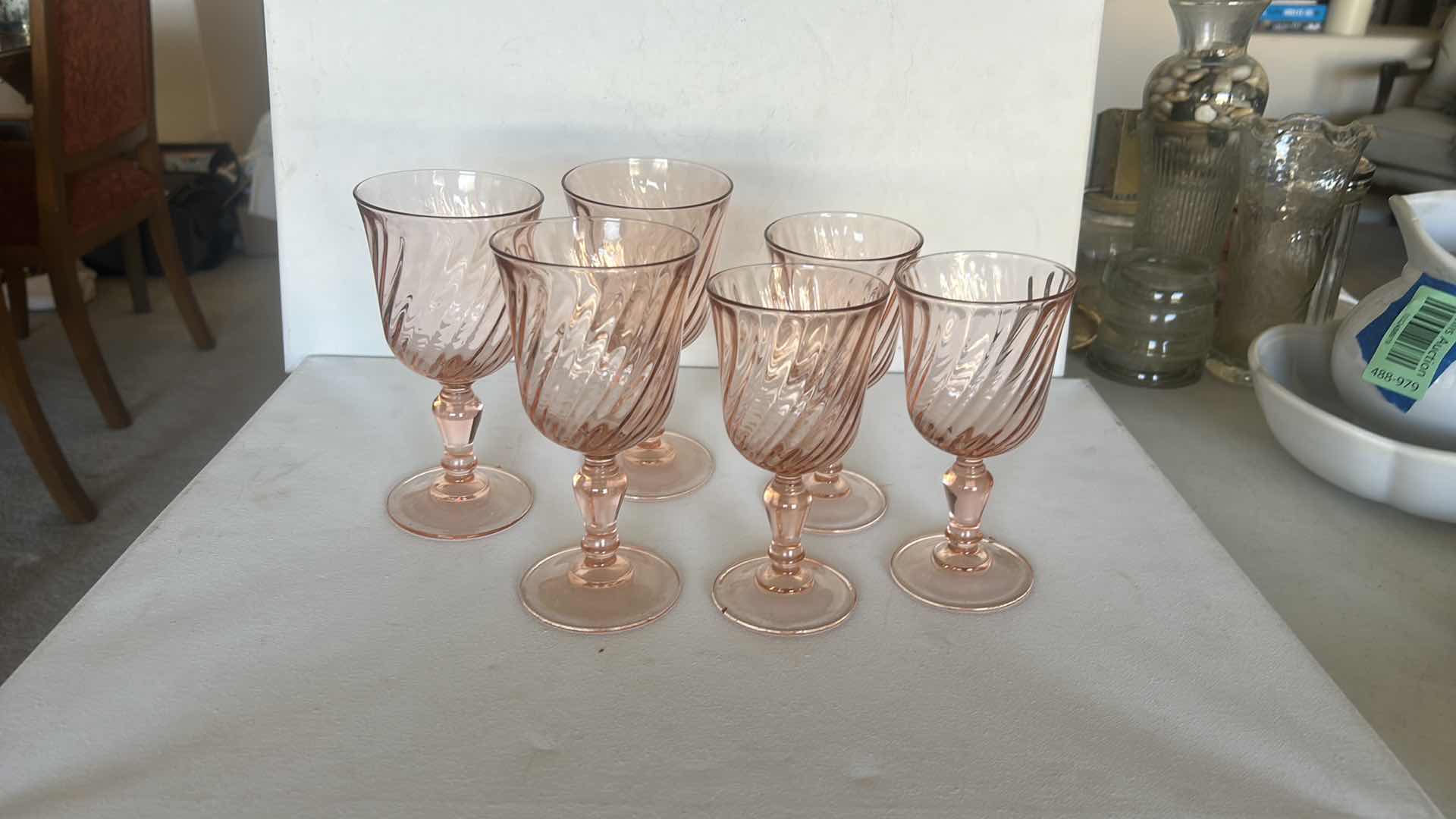 Photo 1 of 6 VINTAGE ARCOROC LUMINARC ROSALINE PINK SWIRL OPTIC GLASS WATER/WINE GOBLETS.