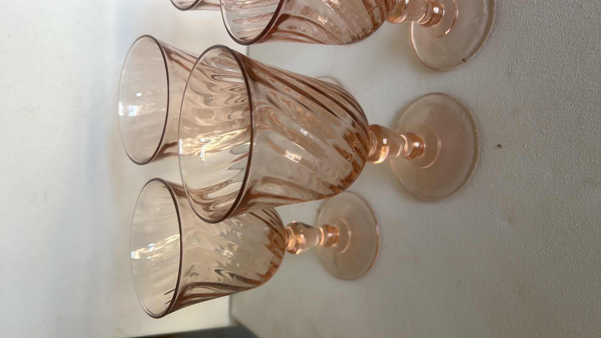Photo 1 of 6 VINTAGE ARCOROC LUMINARC ROSALINE PINK SWIRL OPTIC GLASS WATER/WINE GOBLETS.