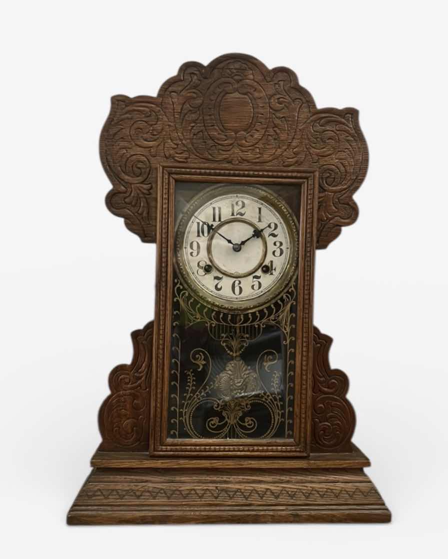 Photo 1 of ANTIQUE E. INGRAHAM “GINGERBREAD” MANTEL CLOCK. H23”