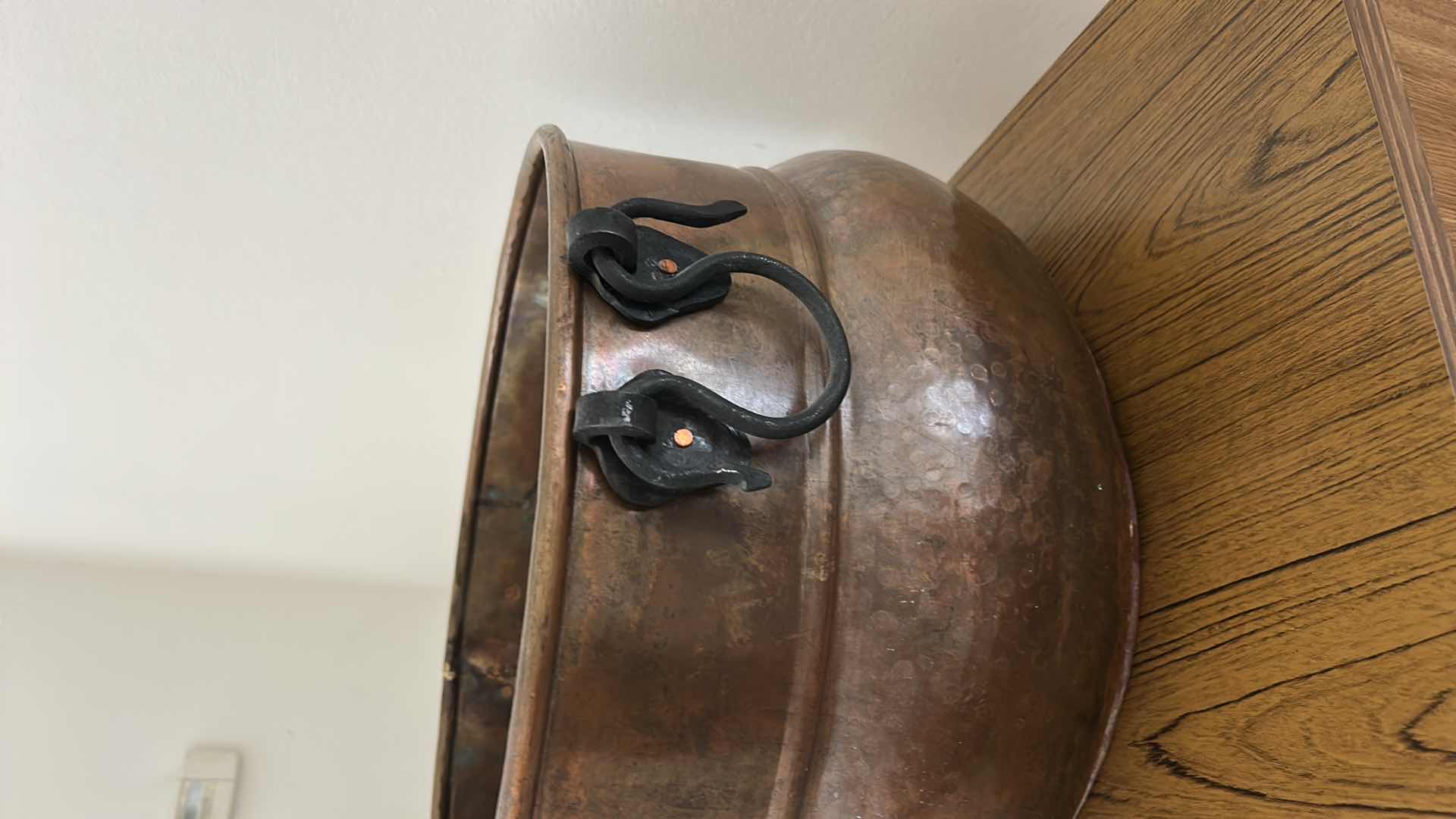 Photo 1 of COPPER CAULDRON OR WASH POT WITH SIDE HANDLES. H 22” x 17” x H10”