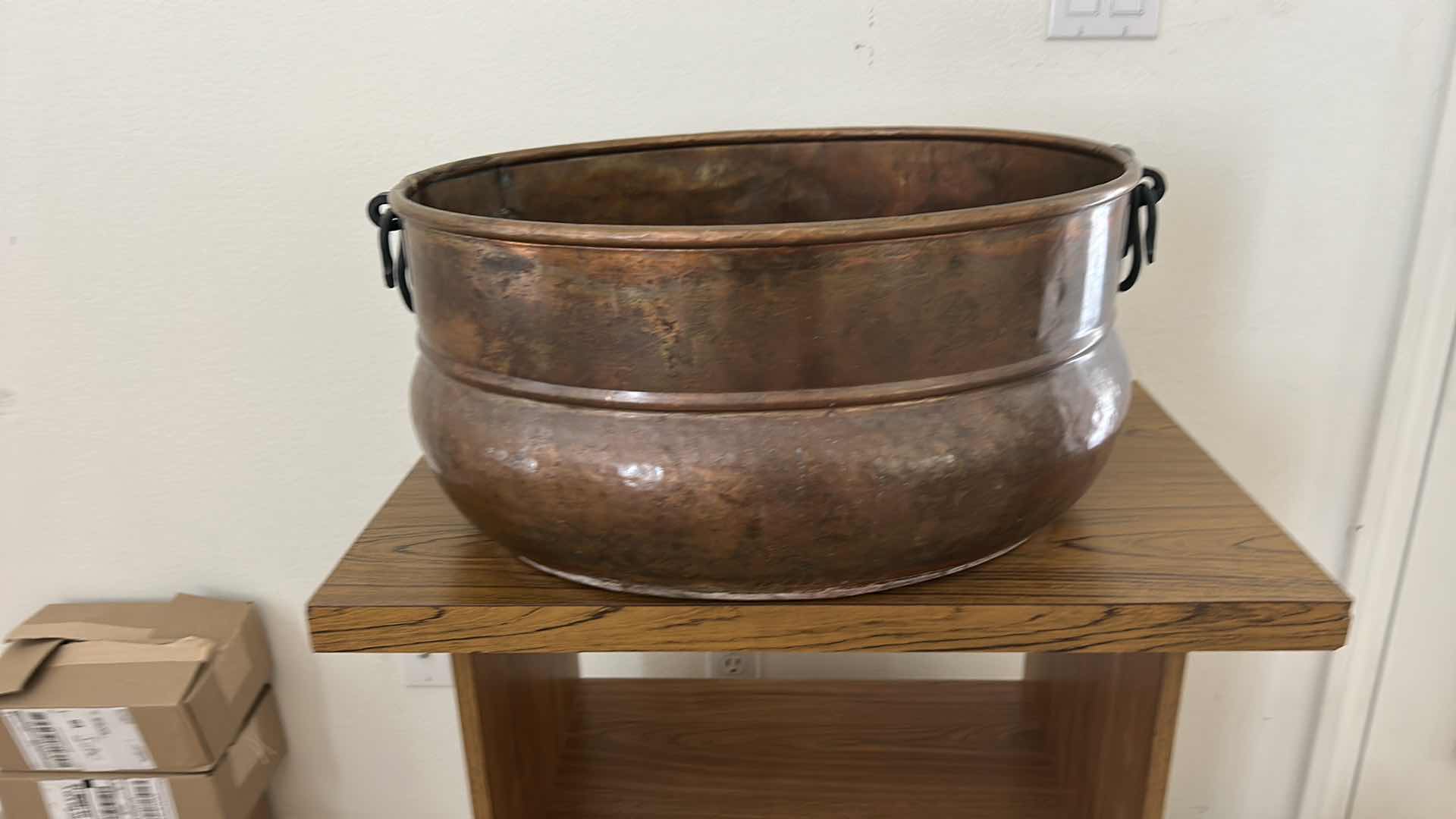 Photo 1 of COPPER CAULDRON OR WASH POT WITH SIDE HANDLES. H 22” x 17” x H10”