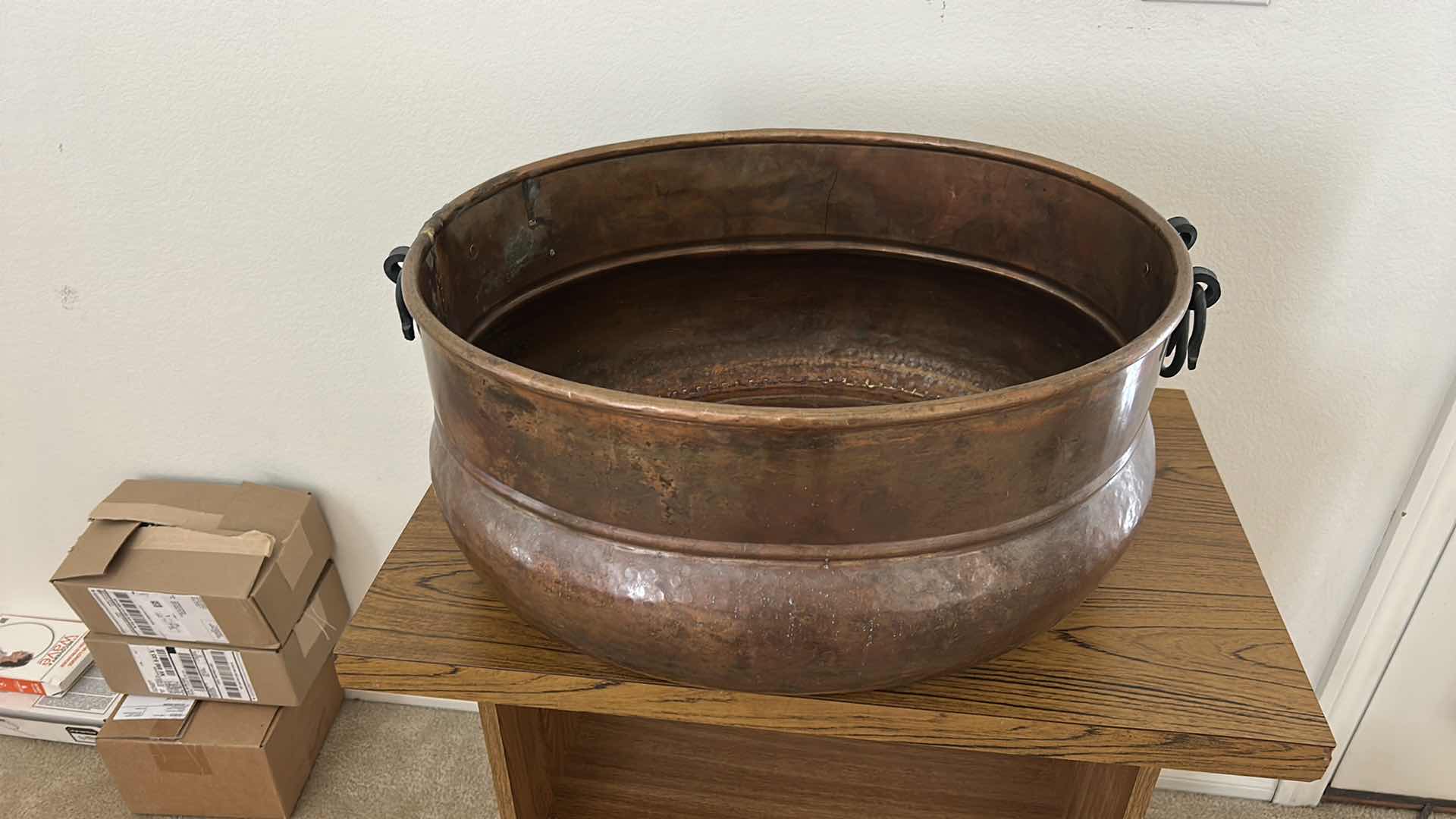 Photo 1 of COPPER CAULDRON OR WASH POT WITH SIDE HANDLES. H 22” x 17” x H10”