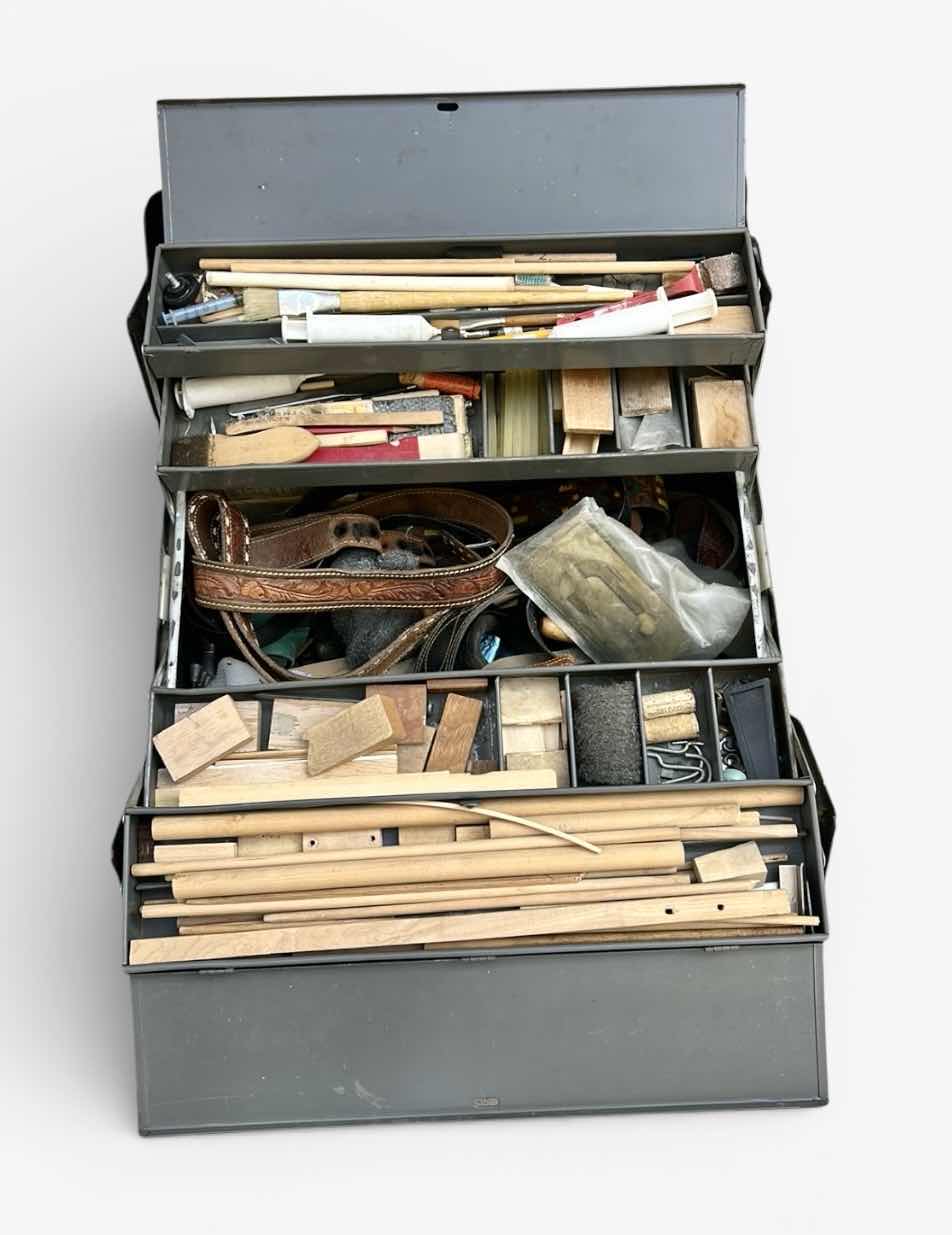 Photo 1 of METAL BOX WITH LEATHER CRAFTING SUPPLIES