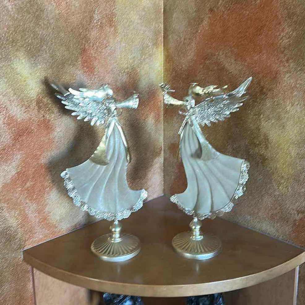 Photo 1 of 2 GOLD LIGHTWEIGHT TIN ANGEL FIGURES ON STAND H22”