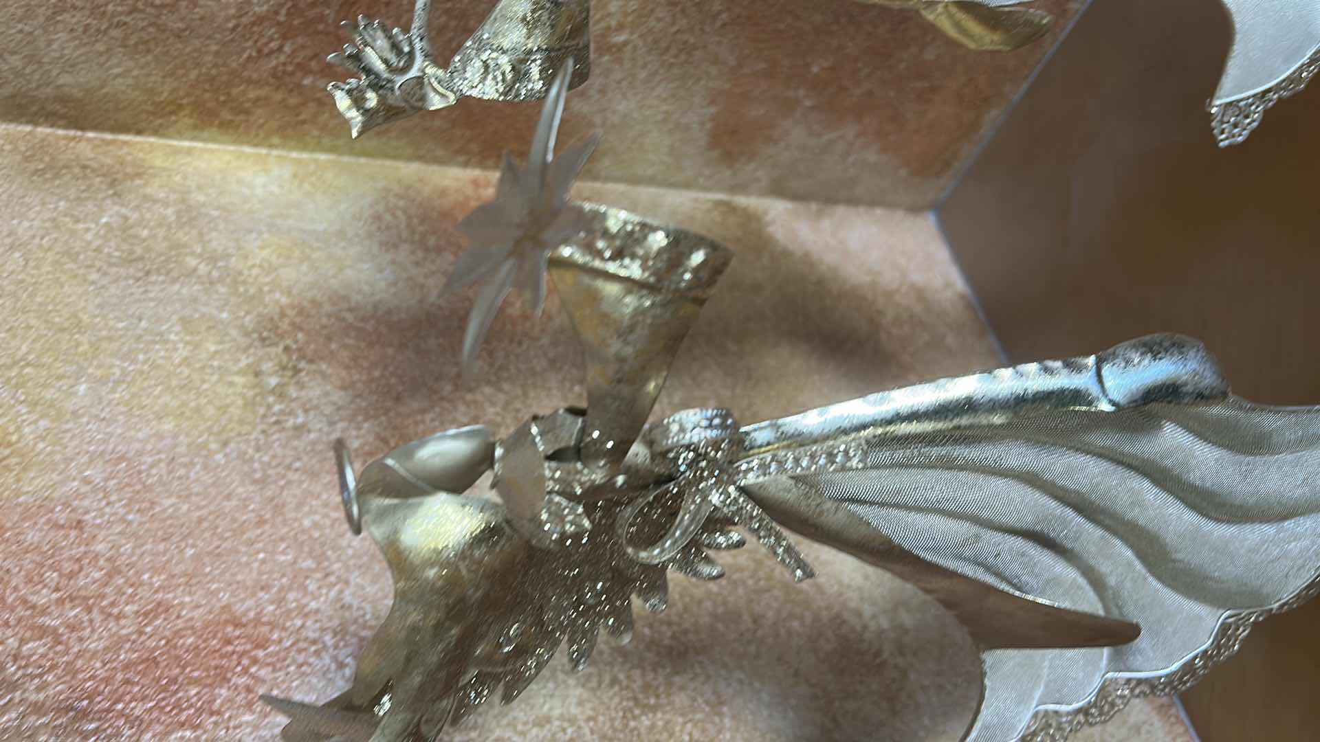 Photo 1 of 2 GOLD LIGHTWEIGHT TIN ANGEL FIGURES ON STAND H22”