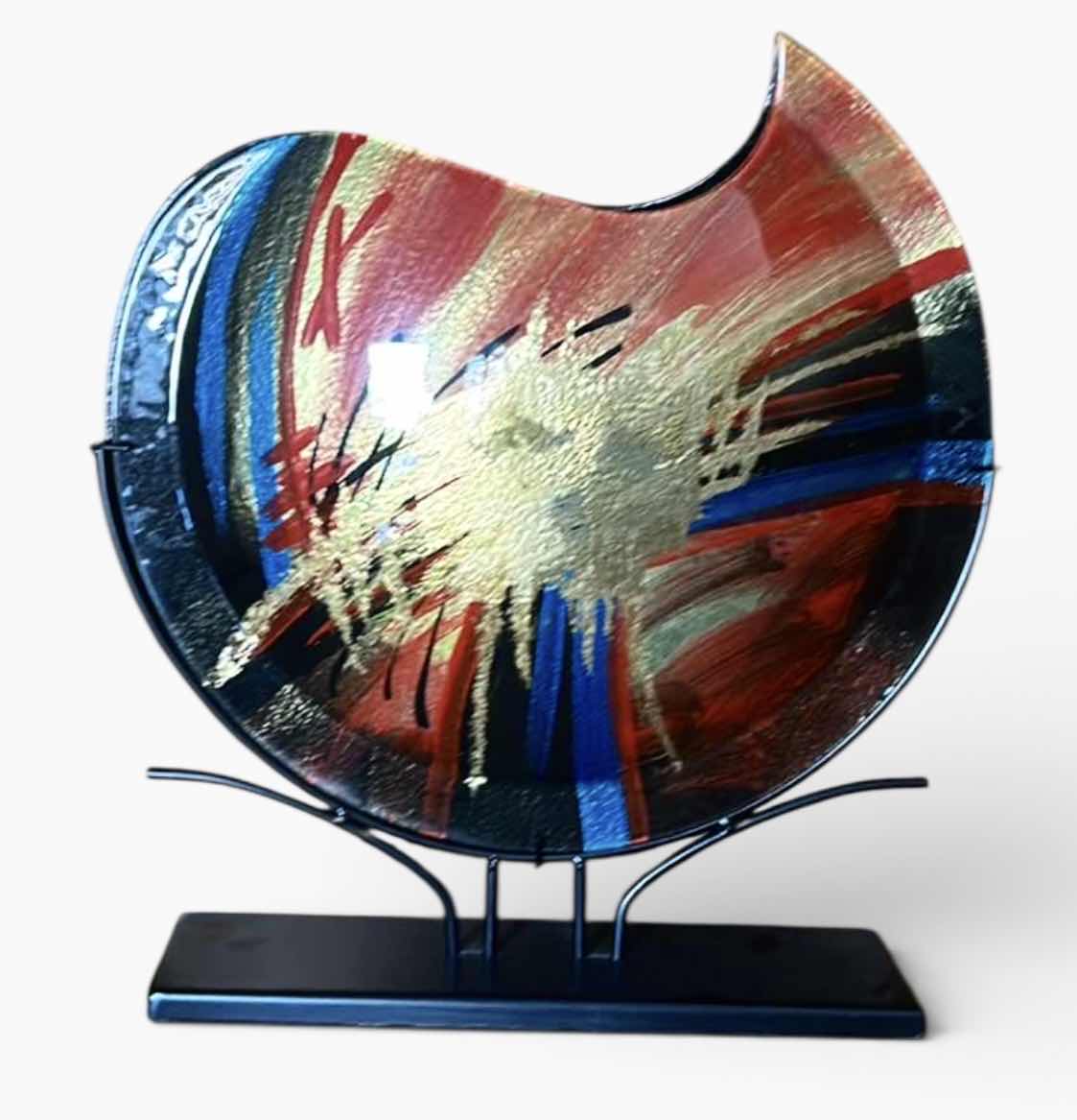 Photo 1 of JASMINE ART GLASS RECTANGULAR HANDMADE FUSED GLASS VASE SET ON A METAL STAND. 15 1/2“ x H19 1/2“