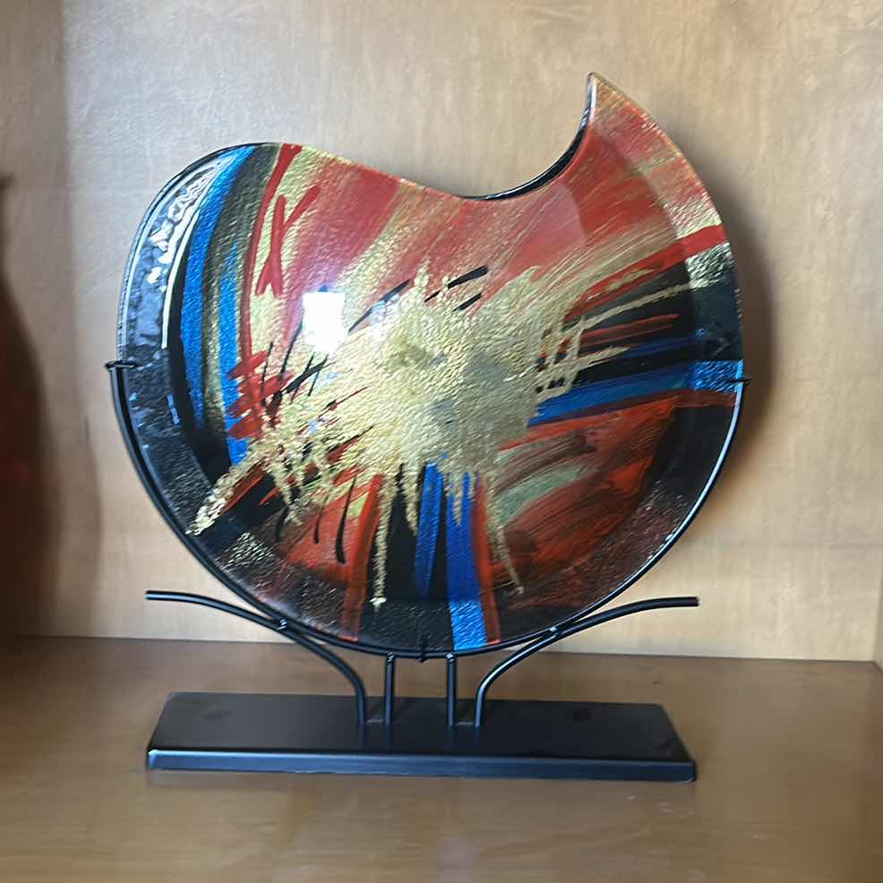 Photo 1 of JASMINE ART GLASS RECTANGULAR HANDMADE FUSED GLASS VASE SET ON A METAL STAND. 15 1/2“ x H19 1/2“