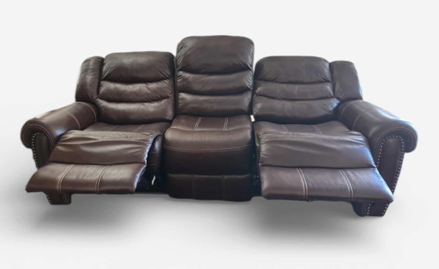 Photo 1 of 7 1/2’ POWER RECLINING LEATHER LOOK SOFA FEATURING CONTRASTING STITCHING, POWER RECLINE FUNCTIONALITY ON THE END SEATS,