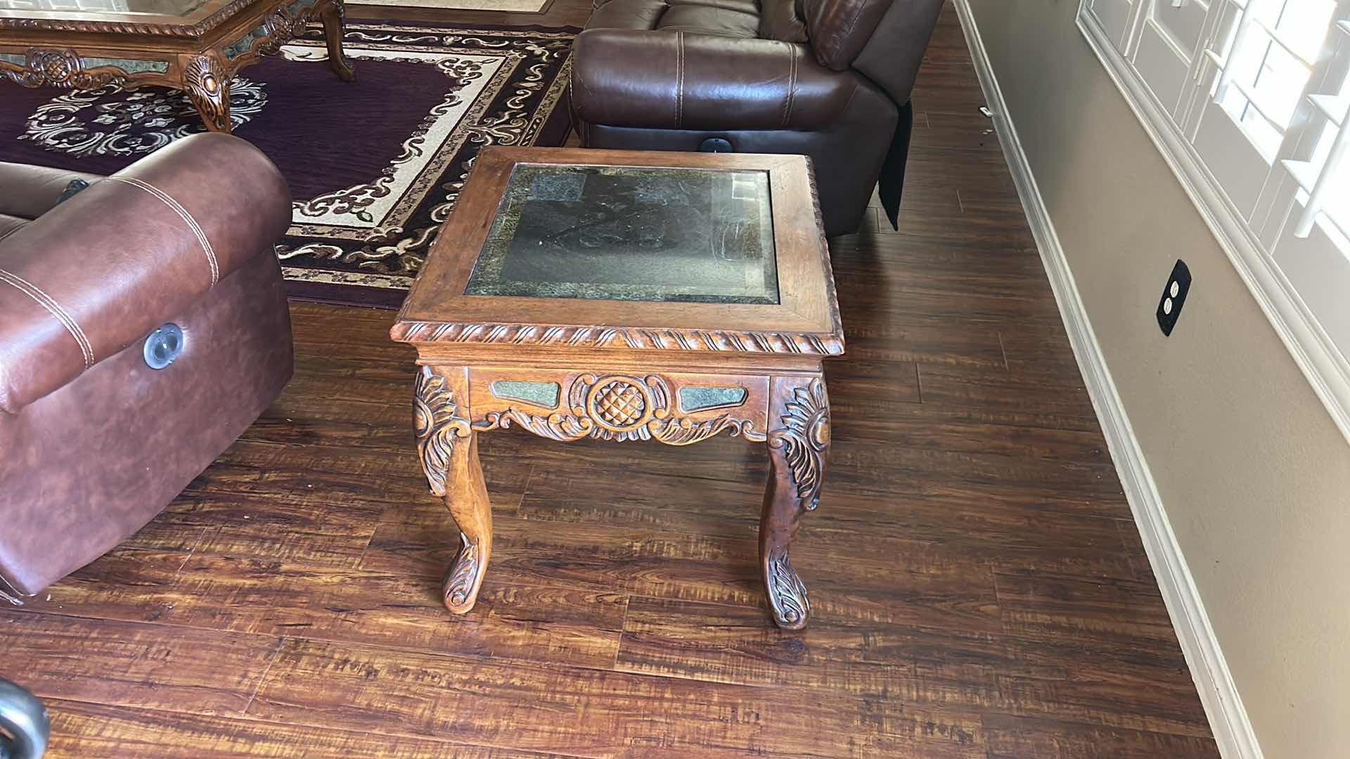 Photo 1 of VINTAGE END TABLE FEATURING A CARVED WOODEN FRAME WITH CABRIOLE LEGS AND A MARBLE TOP. 26“ x H25“