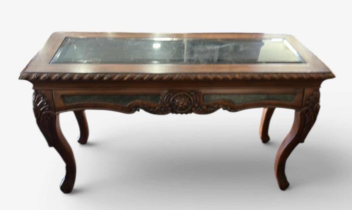 Photo 1 of VINTAGE SOFA TABLE FEATURING A CARVED WOODEN FRAME WITH CABRIOLE LEGS AND A MARBLE TOP.
51“ x 19“ x H30“