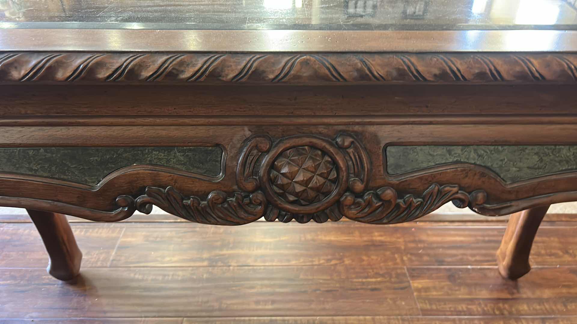 Photo 1 of VINTAGE SOFA TABLE FEATURING A CARVED WOODEN FRAME WITH CABRIOLE LEGS AND A MARBLE TOP.
51“ x 19“ x H30“