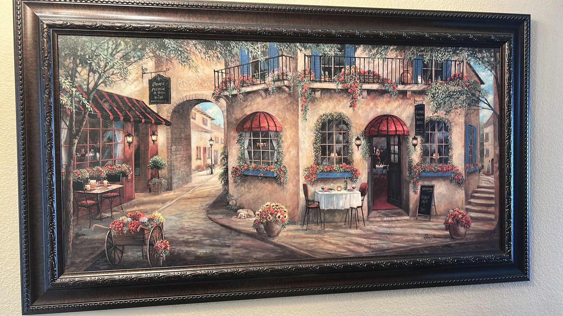 Photo 1 of METAL FRAMED, “GINOS PIZZERIA” WALL ART PRINT BY ARTIST RUANE MANNING. ARTWORK 55” x H31”