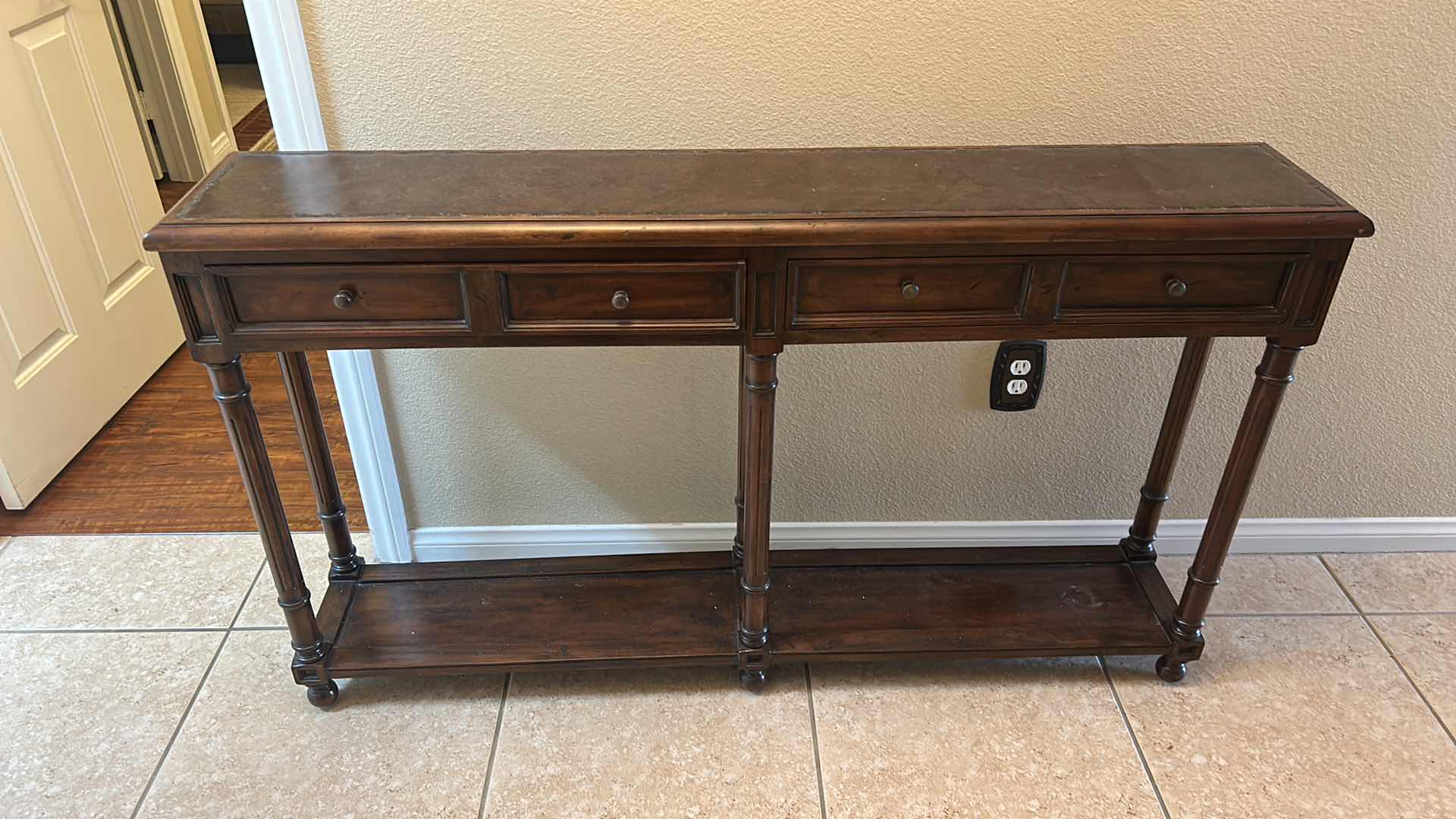 Photo 1 of TRADITIONAL STYLE CONSOLE TABLE, CRAFTED FROM HARDWOOD SOLIDS WITH A RICH BROWN FINISH AND HAMMERED METAL INSERT ON TOP 58” x 11 1/2“ x H33“