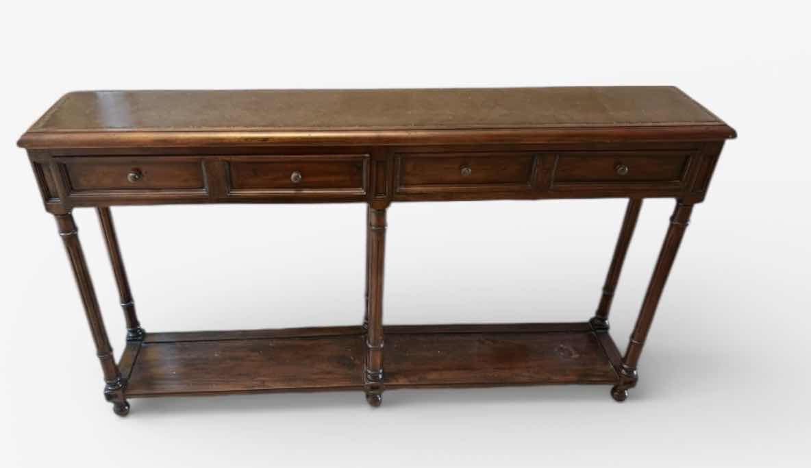 Photo 1 of TRADITIONAL STYLE CONSOLE TABLE, CRAFTED FROM HARDWOOD SOLIDS WITH A RICH BROWN FINISH AND HAMMERED METAL INSERT ON TOP 58” x 11 1/2“ x H33“
