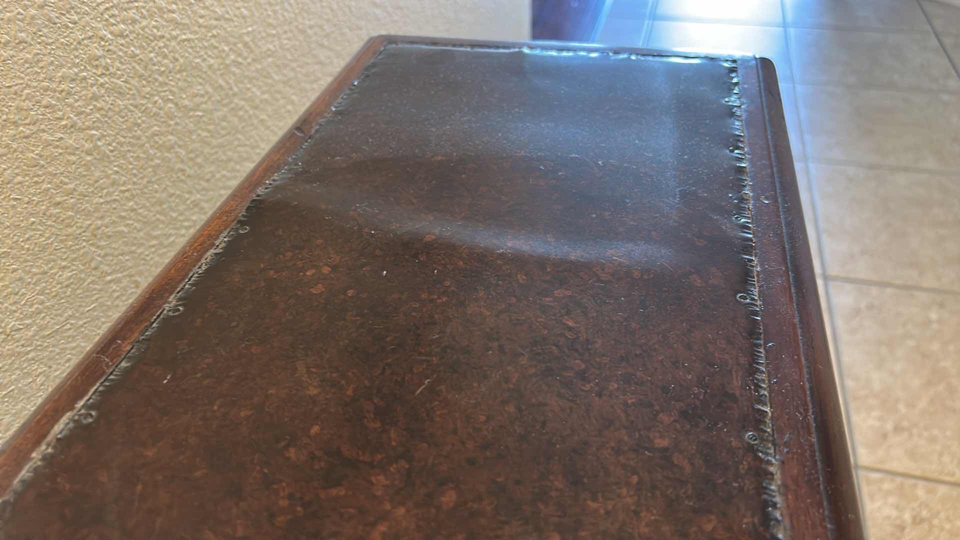 Photo 1 of TRADITIONAL STYLE CONSOLE TABLE, CRAFTED FROM HARDWOOD SOLIDS WITH A RICH BROWN FINISH AND HAMMERED METAL INSERT ON TOP 58” x 11 1/2“ x H33“