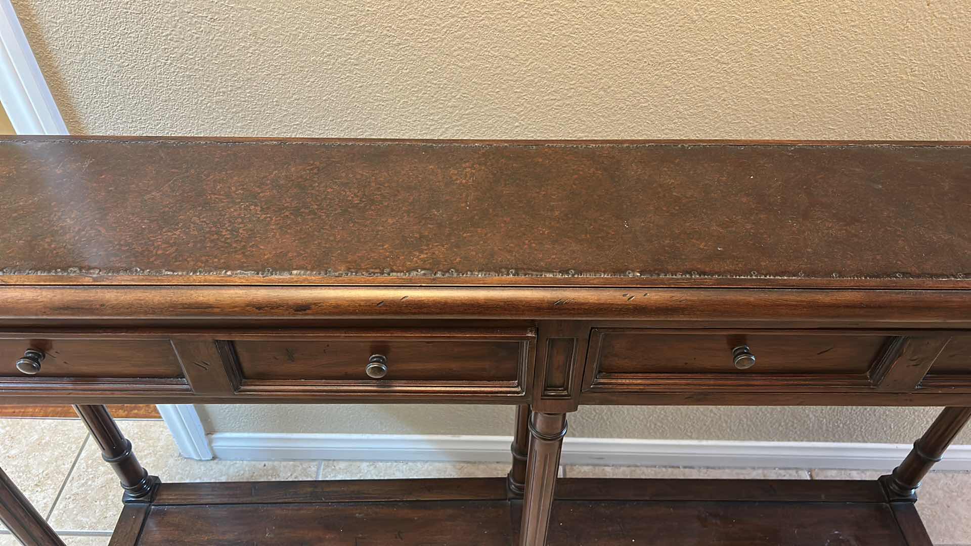 Photo 1 of TRADITIONAL STYLE CONSOLE TABLE, CRAFTED FROM HARDWOOD SOLIDS WITH A RICH BROWN FINISH AND HAMMERED METAL INSERT ON TOP 58” x 11 1/2“ x H33“