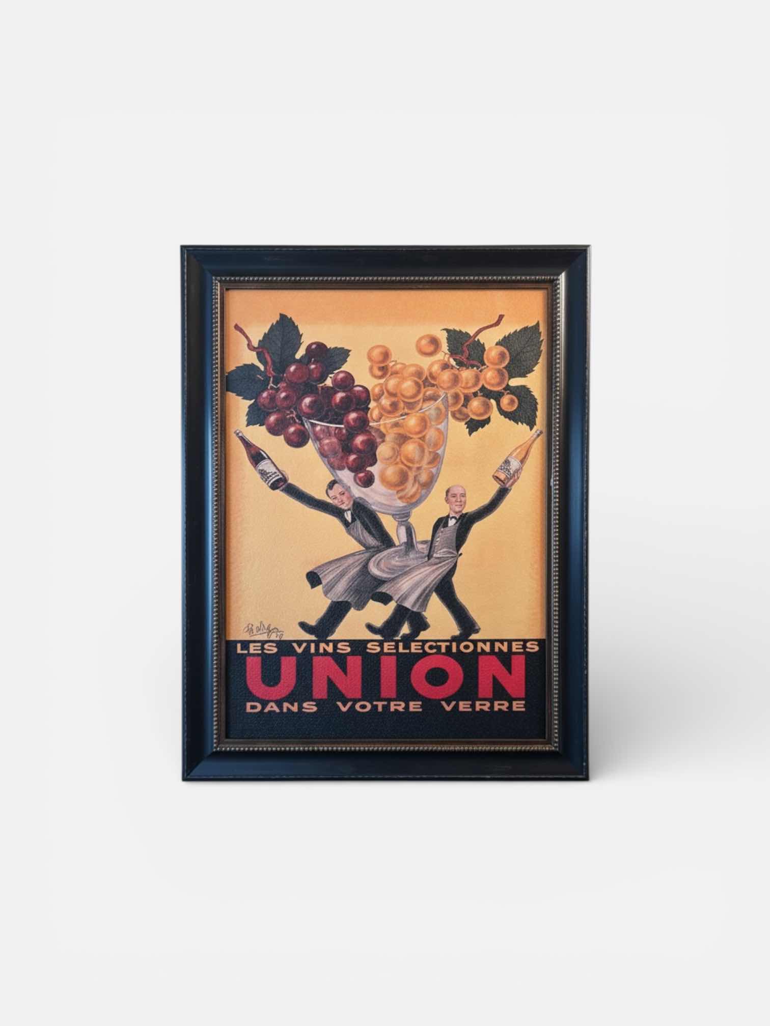Photo 1 of FRAMED VINTAGE SIGNED ADVERTISEMENT TITLED “LES VINS SELECTIONNES UNION DANS VOTRE VERRE,” DESIGNED BY ROBERT WOLFF. 30” x H42”