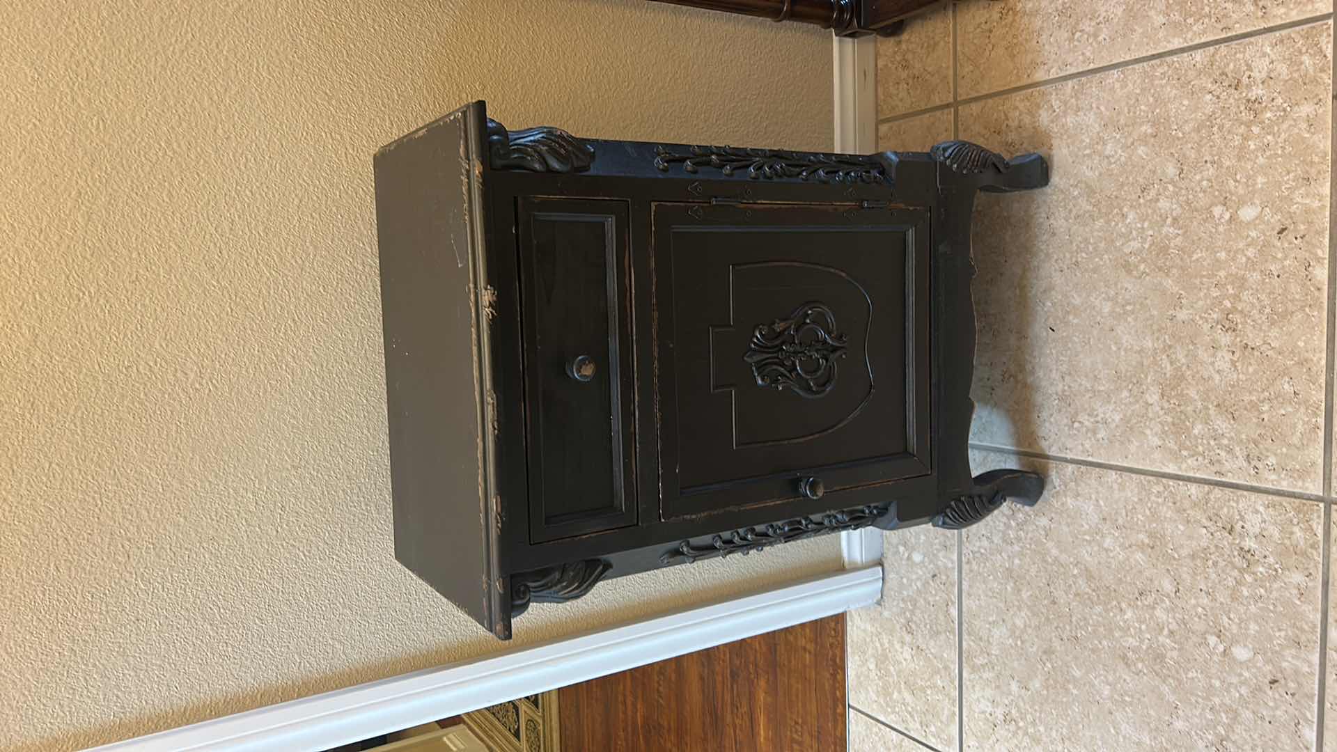 Photo 1 of WOOD ACCENT CABINET WITH SINGLE DRAWER AND DOOR, FEATURING ORNATE APPLIED SCROLL DETAILS, SHIELD-FRONT PANEL, AND CURVED FEET. 19 1/2“ x 12 1/2“ x H32 1/2“