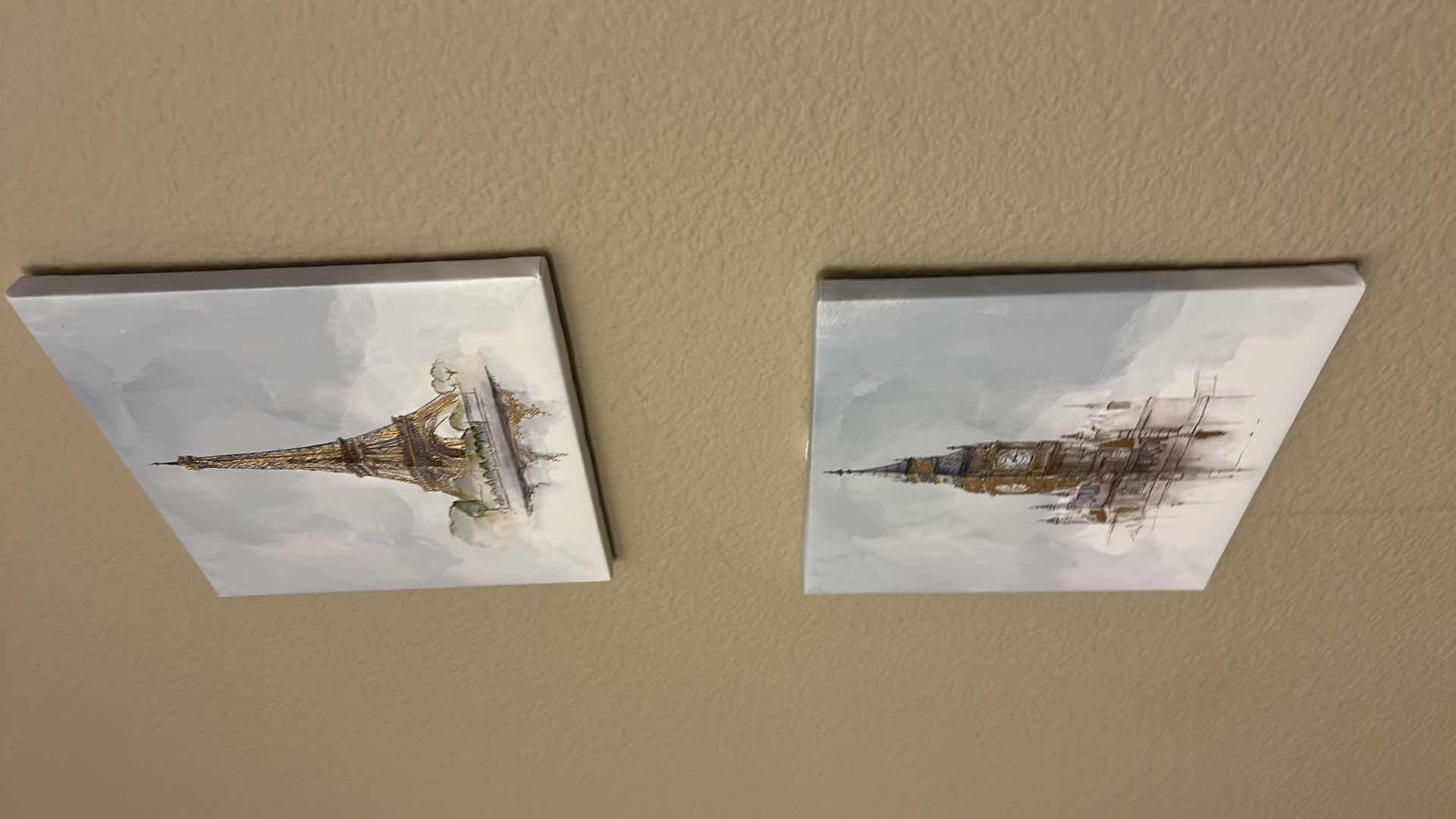 Photo 1 of 2 SMALL STRETCHED CANVAS ARTWORK PRINTS, EIFEL TOWER AND BIG BEN 8” x 8”