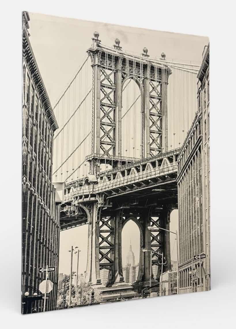 Photo 1 of STRETCHED CANVAS PRINT, BLACK AND WHITE WITH SPARKLES, DEPICTING THE ICONIC MANHATTAN BRIDGE IN NEW YORK CITY, ARTWORK 19 1/2“ x H 27 1/2”