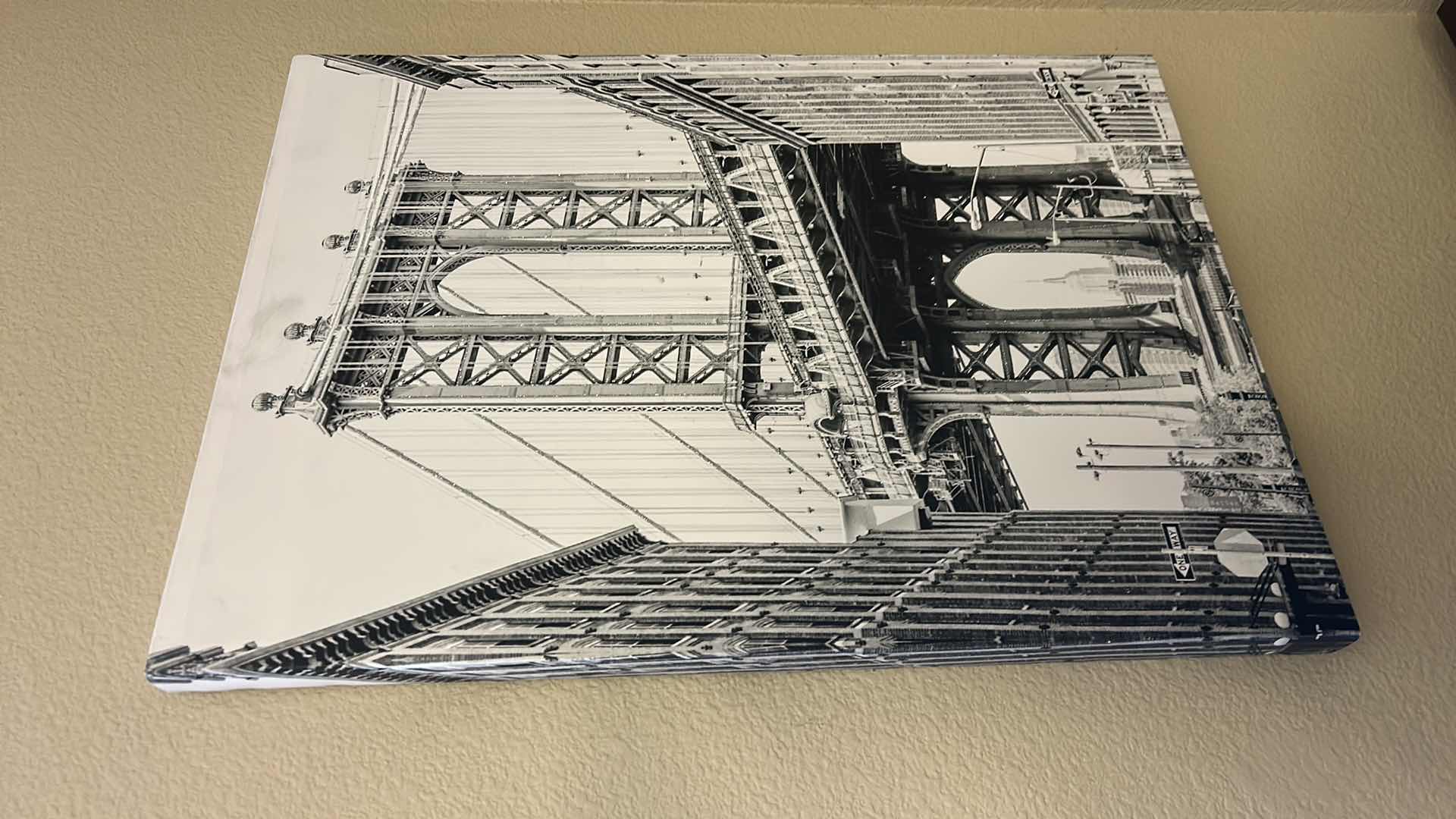 Photo 1 of STRETCHED CANVAS PRINT, BLACK AND WHITE WITH SPARKLES, DEPICTING THE ICONIC MANHATTAN BRIDGE IN NEW YORK CITY, ARTWORK 19 1/2“ x H 27 1/2”