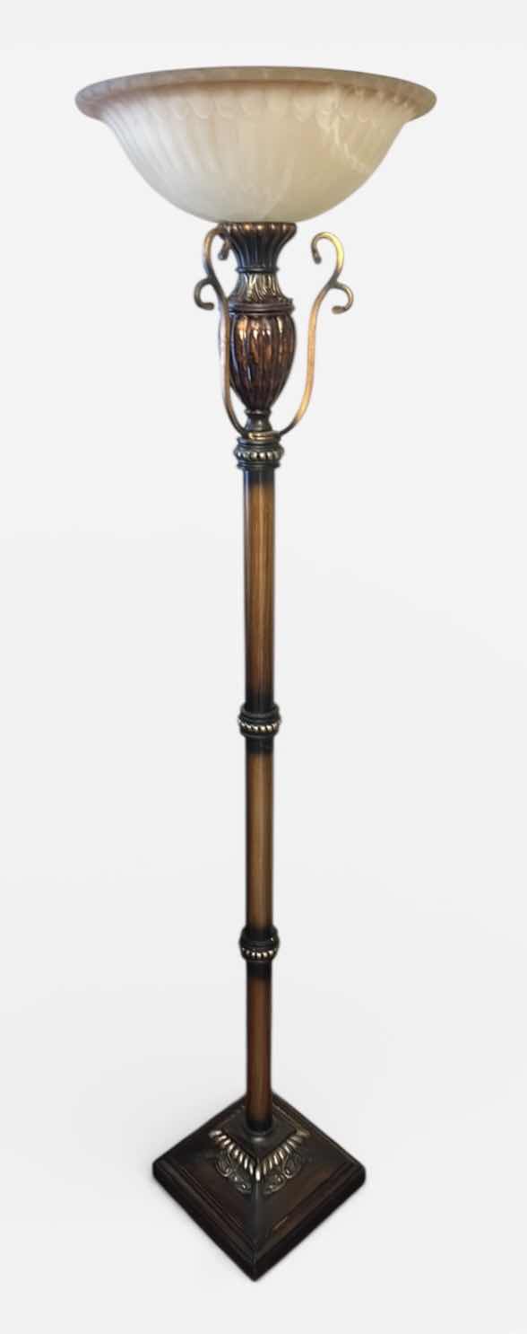 Photo 1 of VINTAGE-STYLE TORCHIERE FLOOR LAMP, FEATURING A TALL METAL BASE WITH A FAUX WOOD OR BRONZE FINISH AND AN UPWARD-FACING FROSTED GLASS BOWL SHADE. H 6’