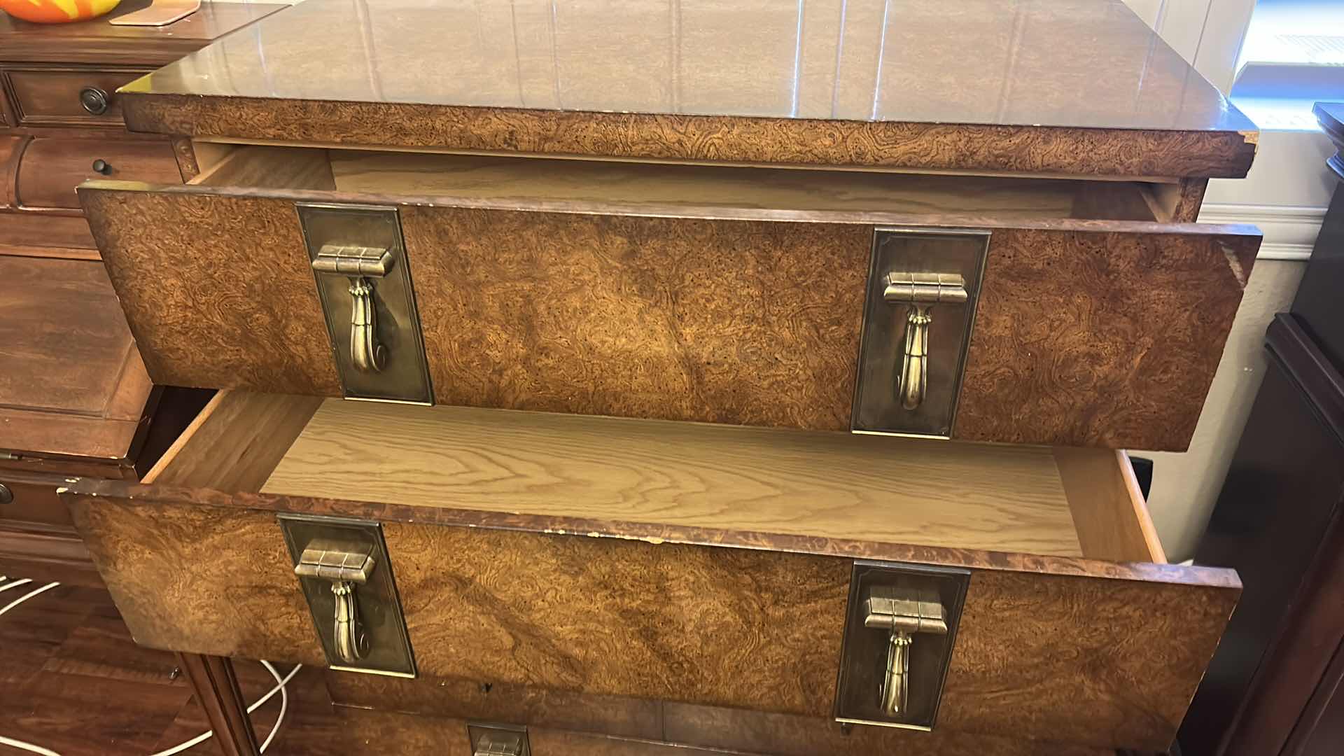 Photo 1 of MASTERCRAFT BURL WOOD VENEER CHEST OF DRAWERS FEATURING DISTINCTIVE ANTIQUED BRASS HARDWARE 38” x 19” x H46”