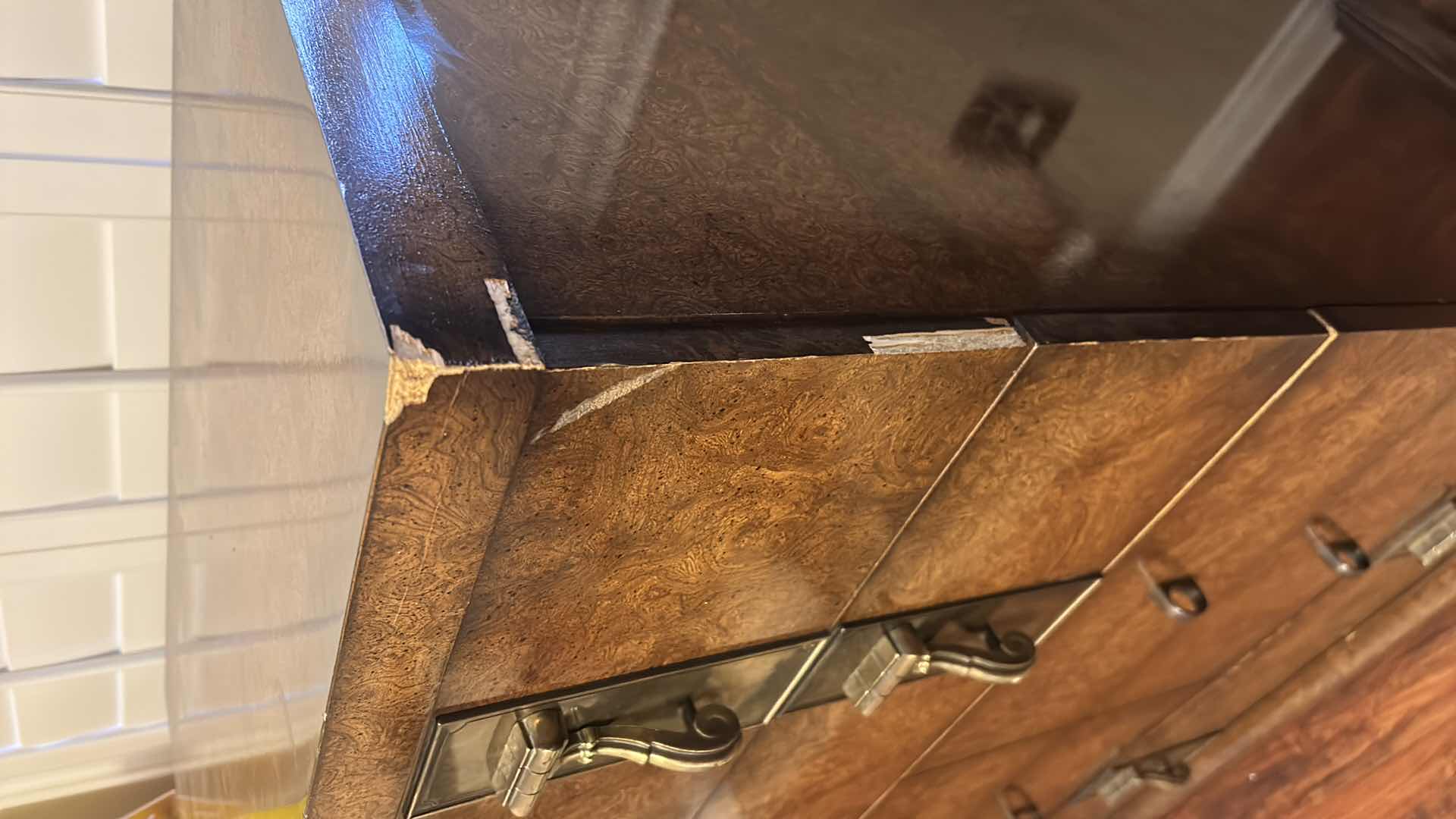 Photo 1 of MASTERCRAFT BURL WOOD VENEER CHEST OF DRAWERS FEATURING DISTINCTIVE ANTIQUED BRASS HARDWARE 38” x 19” x H46”