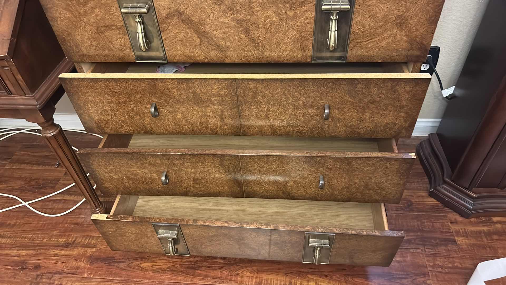 Photo 1 of MASTERCRAFT BURL WOOD VENEER CHEST OF DRAWERS FEATURING DISTINCTIVE ANTIQUED BRASS HARDWARE 38” x 19” x H46”