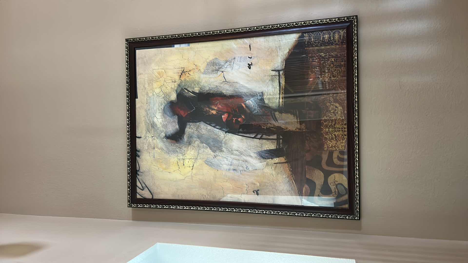 Photo 1 of LARGE FRAMED PIECE OF ART TITLED “SOLAMENTE” BY CUBAN ARTIST ANTONIO DOJER, FEATURING MIXED MEDIA ELEMENTS DEPICTING MUSIC AND DANCE THEMES. ARTWORK 39 1/4 x H51 1/2