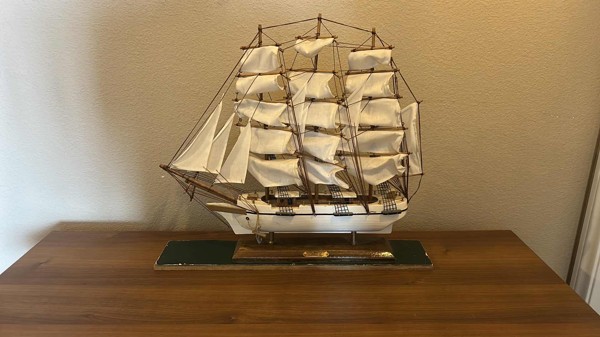 Photo 1 of WOODEN SAILING SHIP “WHALING SHIP CLIPPER 1846” MODEL WITH CLOTH SAILS, RIGGING DETAIL, DISPLAY BASE STAND 23” x 4 1/2” x H20 1/2”
