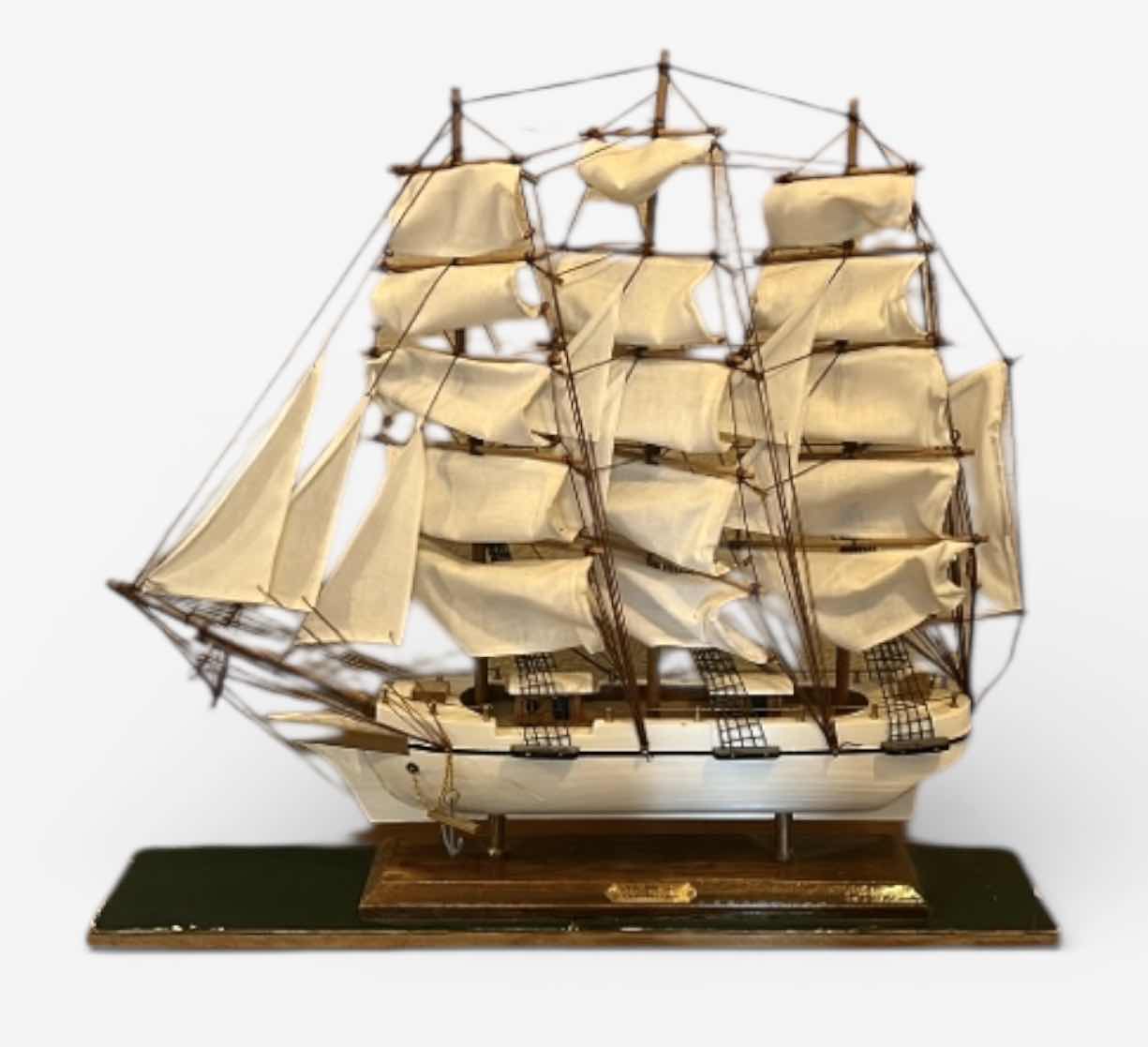Photo 1 of WOODEN SAILING SHIP “WHALING SHIP CLIPPER 1846” MODEL WITH CLOTH SAILS, RIGGING DETAIL, DISPLAY BASE STAND 23” x 4 1/2” x H20 1/2”