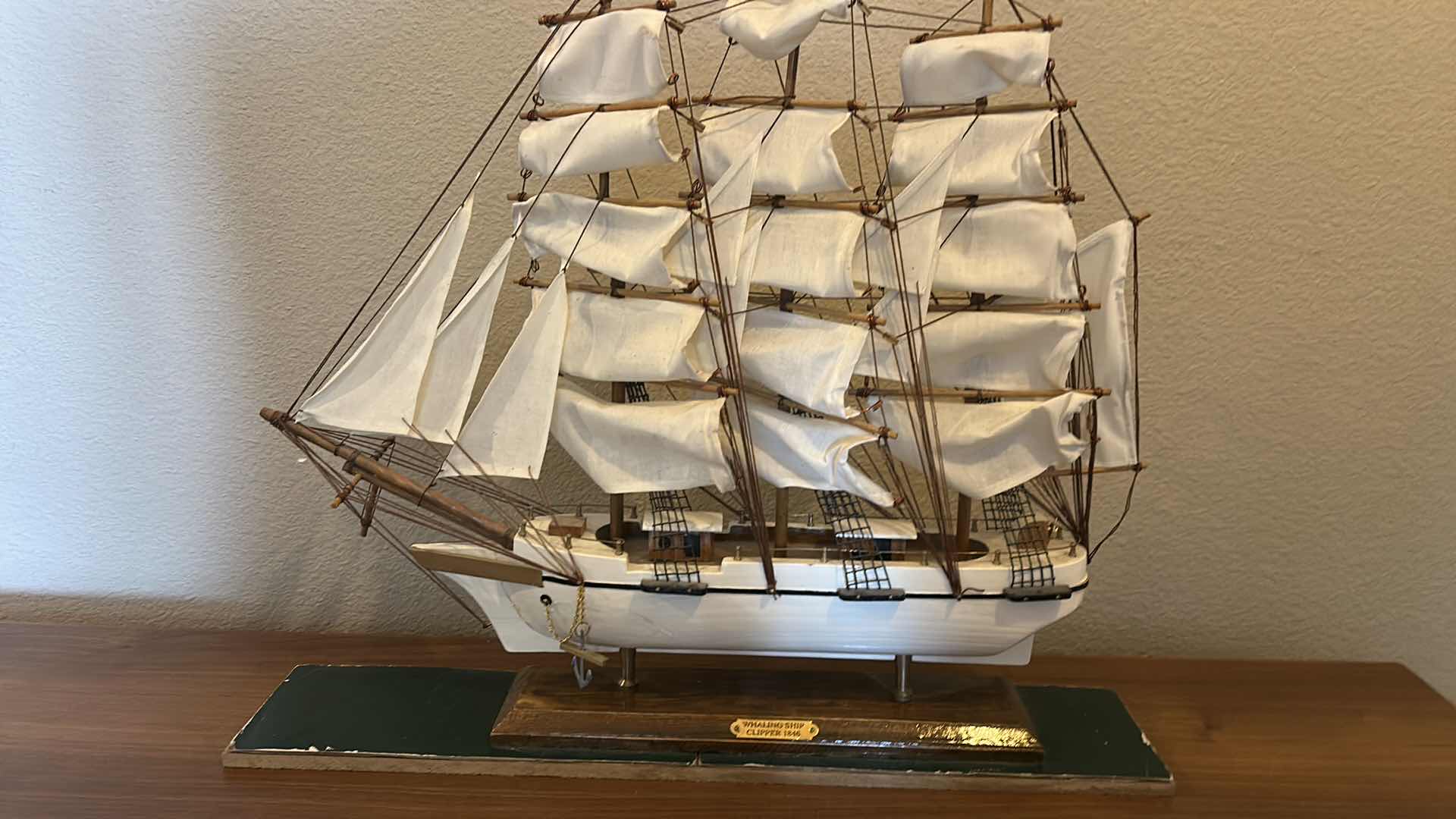 Photo 1 of WOODEN SAILING SHIP “WHALING SHIP CLIPPER 1846” MODEL WITH CLOTH SAILS, RIGGING DETAIL, DISPLAY BASE STAND 23” x 4 1/2” x H20 1/2”