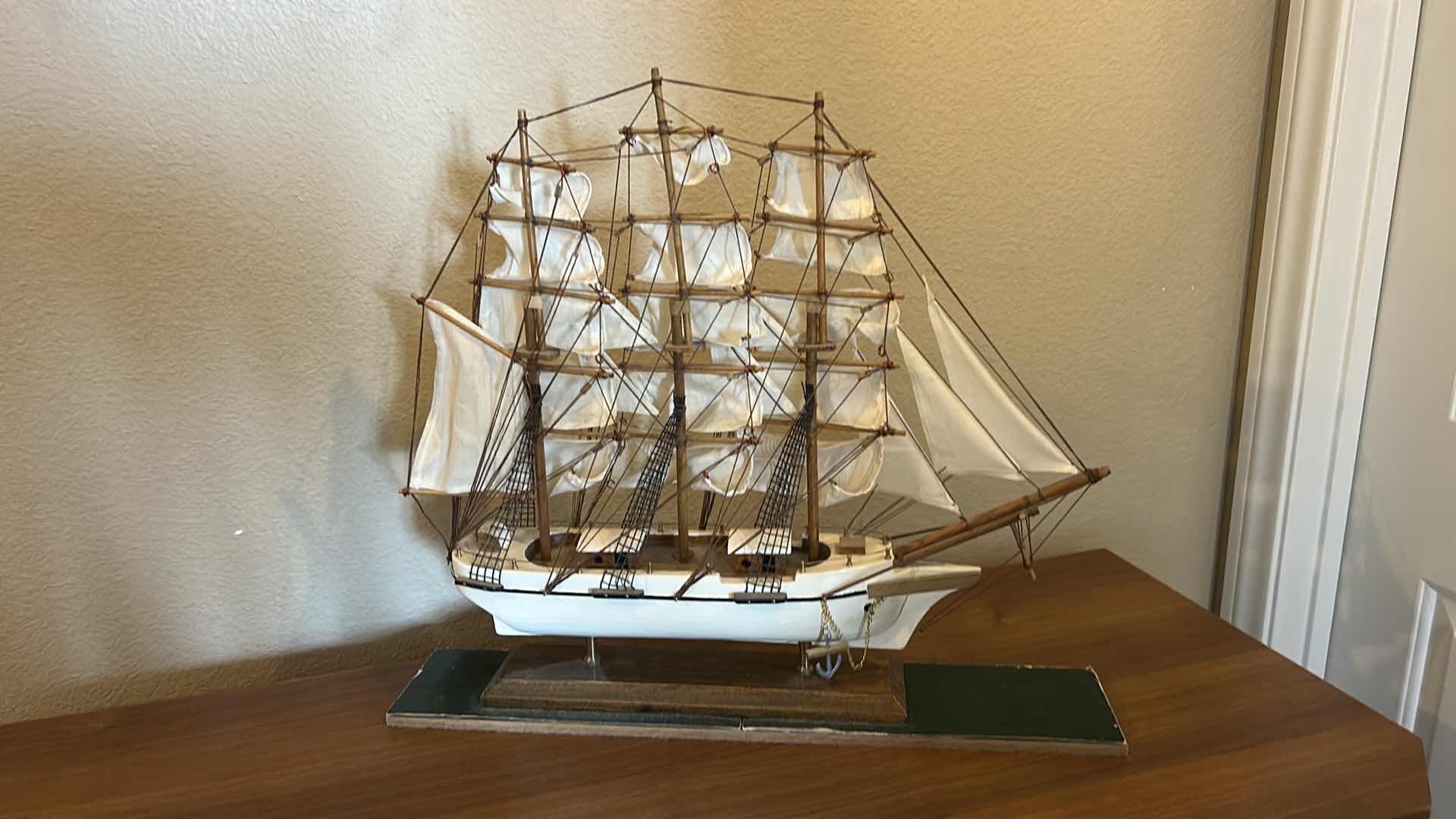 Photo 1 of WOODEN SAILING SHIP “WHALING SHIP CLIPPER 1846” MODEL WITH CLOTH SAILS, RIGGING DETAIL, DISPLAY BASE STAND 23” x 4 1/2” x H20 1/2”