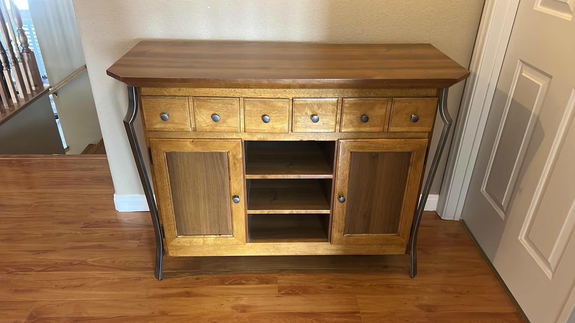 Photo 1 of WOOD SIDEBOARD CABINET WITH SIX DRAWERS, TWO DOORS, CENTER OPEN SHELVES, METAL SIDE SUPPORT LEGS 45” x 18” x H33 1/2”