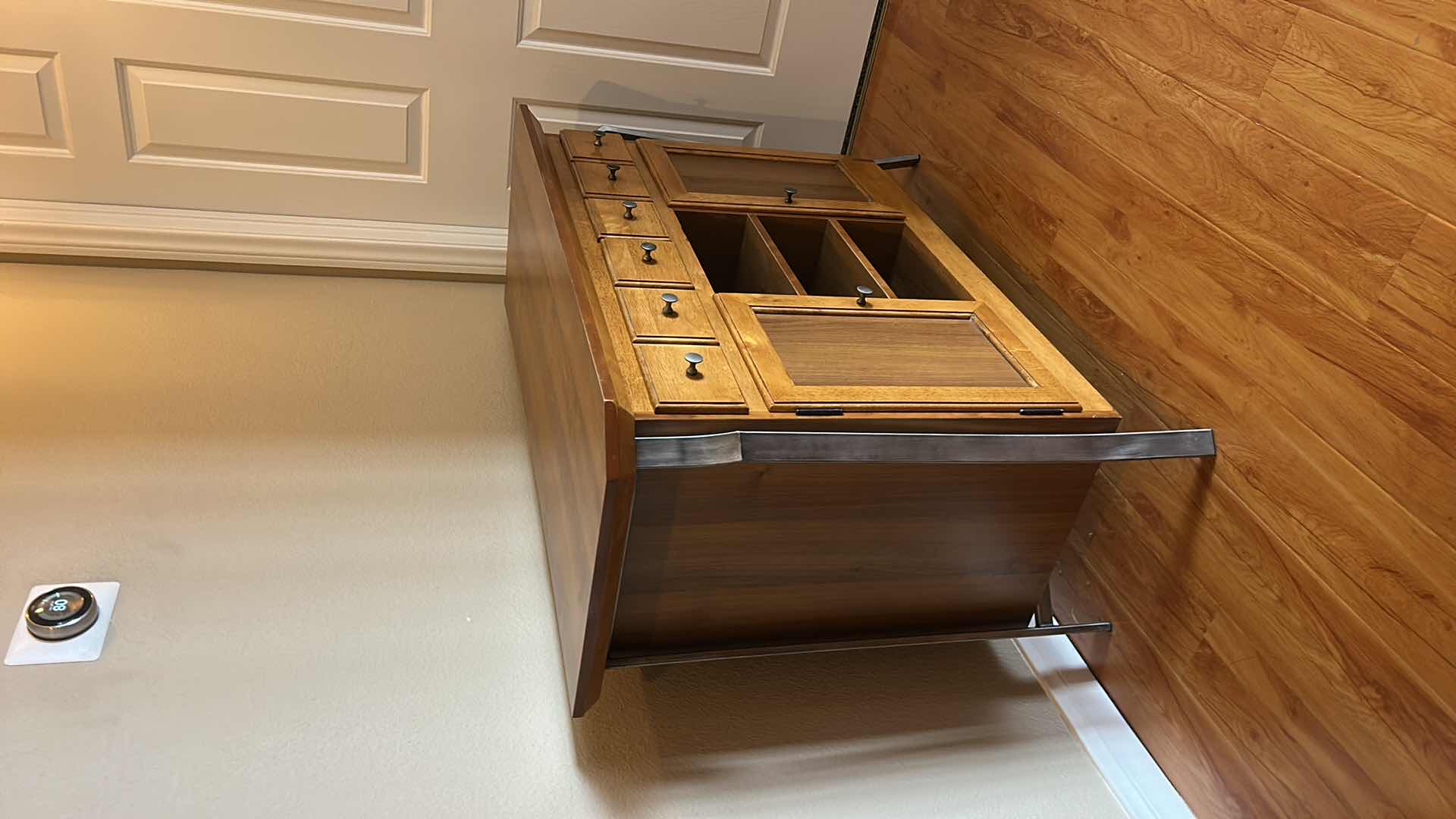 Photo 1 of WOOD SIDEBOARD CABINET WITH SIX DRAWERS, TWO DOORS, CENTER OPEN SHELVES, METAL SIDE SUPPORT LEGS 45” x 18” x H33 1/2”