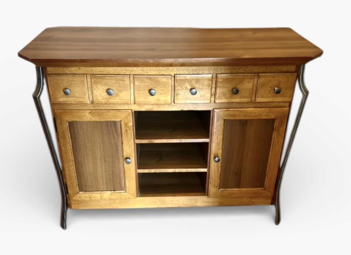 Photo 1 of WOOD SIDEBOARD CABINET WITH SIX DRAWERS, TWO DOORS, CENTER OPEN SHELVES, METAL SIDE SUPPORT LEGS 45” x 18” x H33 1/2”