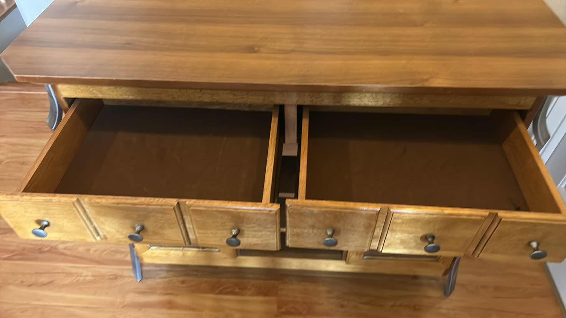 Photo 1 of WOOD SIDEBOARD CABINET WITH SIX DRAWERS, TWO DOORS, CENTER OPEN SHELVES, METAL SIDE SUPPORT LEGS 45” x 18” x H33 1/2”