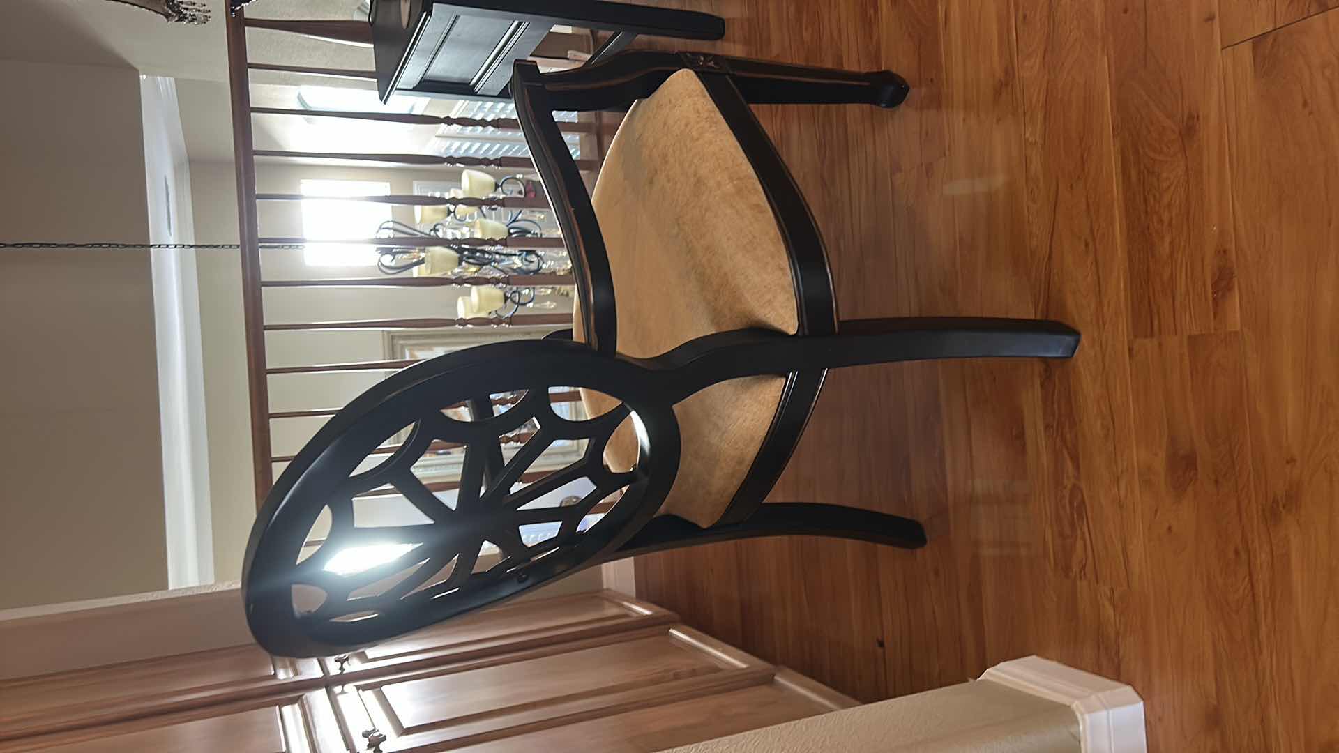 Photo 1 of WOOD ARM CHAIR WITH ROUND OPENWORK BACK, UPHOLSTERED SEAT CUSHION, DARK FINISH FRAME 23“ x 21 1/2“ x H38“