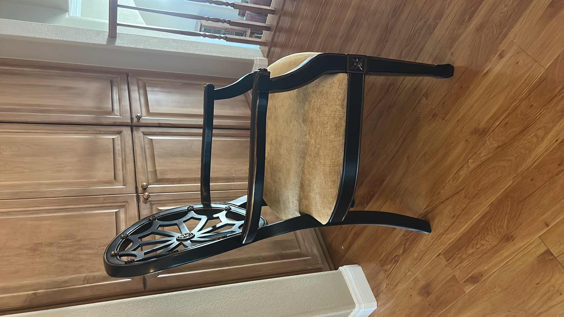 Photo 1 of WOOD ARM CHAIR WITH ROUND OPENWORK BACK, UPHOLSTERED SEAT CUSHION, DARK FINISH FRAME 23“ x 21 1/2“ x H38“