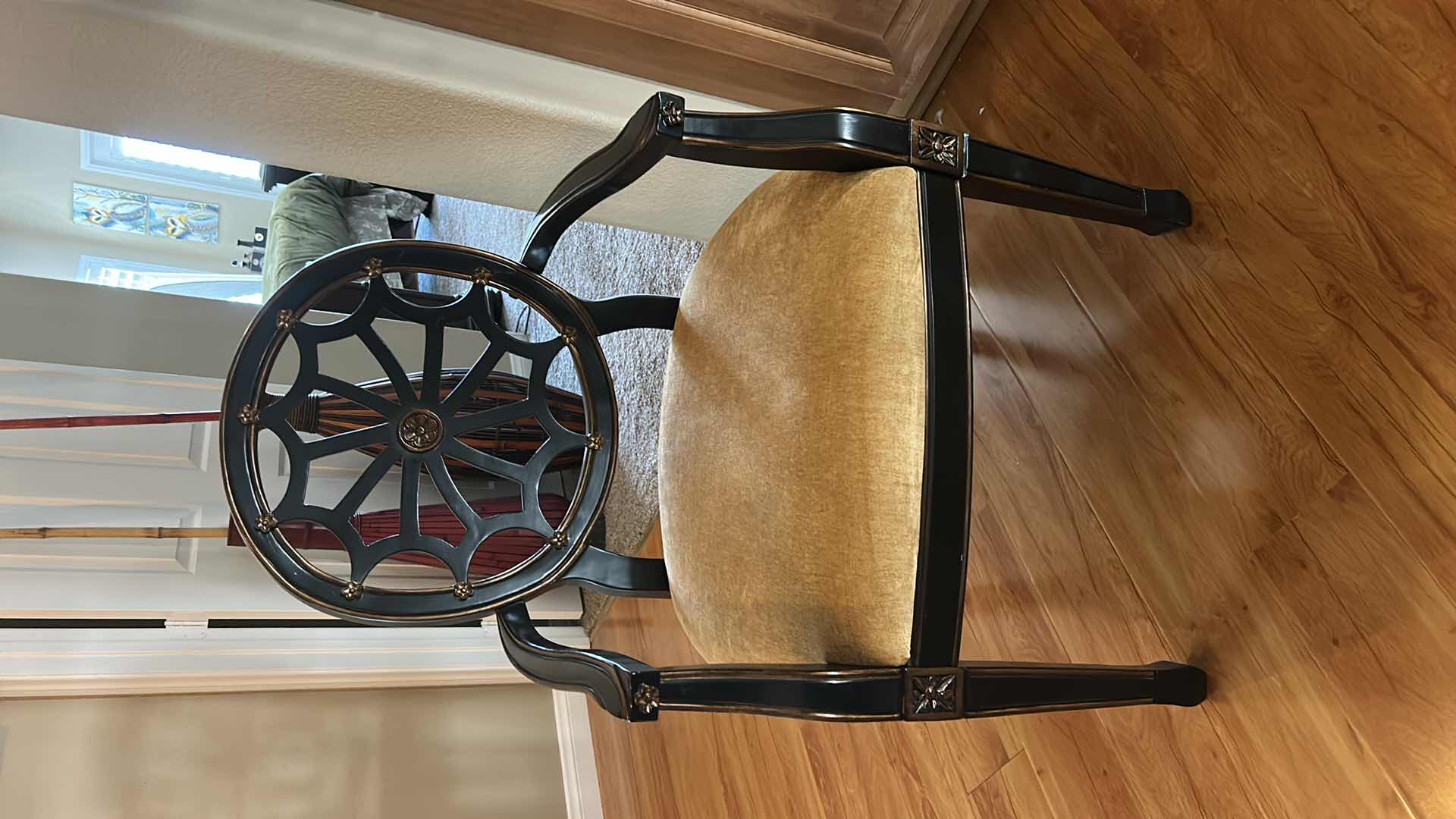 Photo 1 of WOOD ARM CHAIR WITH ROUND OPENWORK BACK, UPHOLSTERED SEAT CUSHION, DARK FINISH FRAME 23“ x 21 1/2“ x H38“