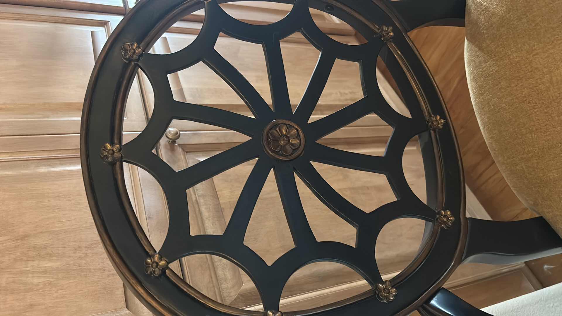 Photo 1 of WOOD ARM CHAIR WITH ROUND OPENWORK BACK, UPHOLSTERED SEAT CUSHION, DARK FINISH FRAME 23“ x 21 1/2“ x H38“