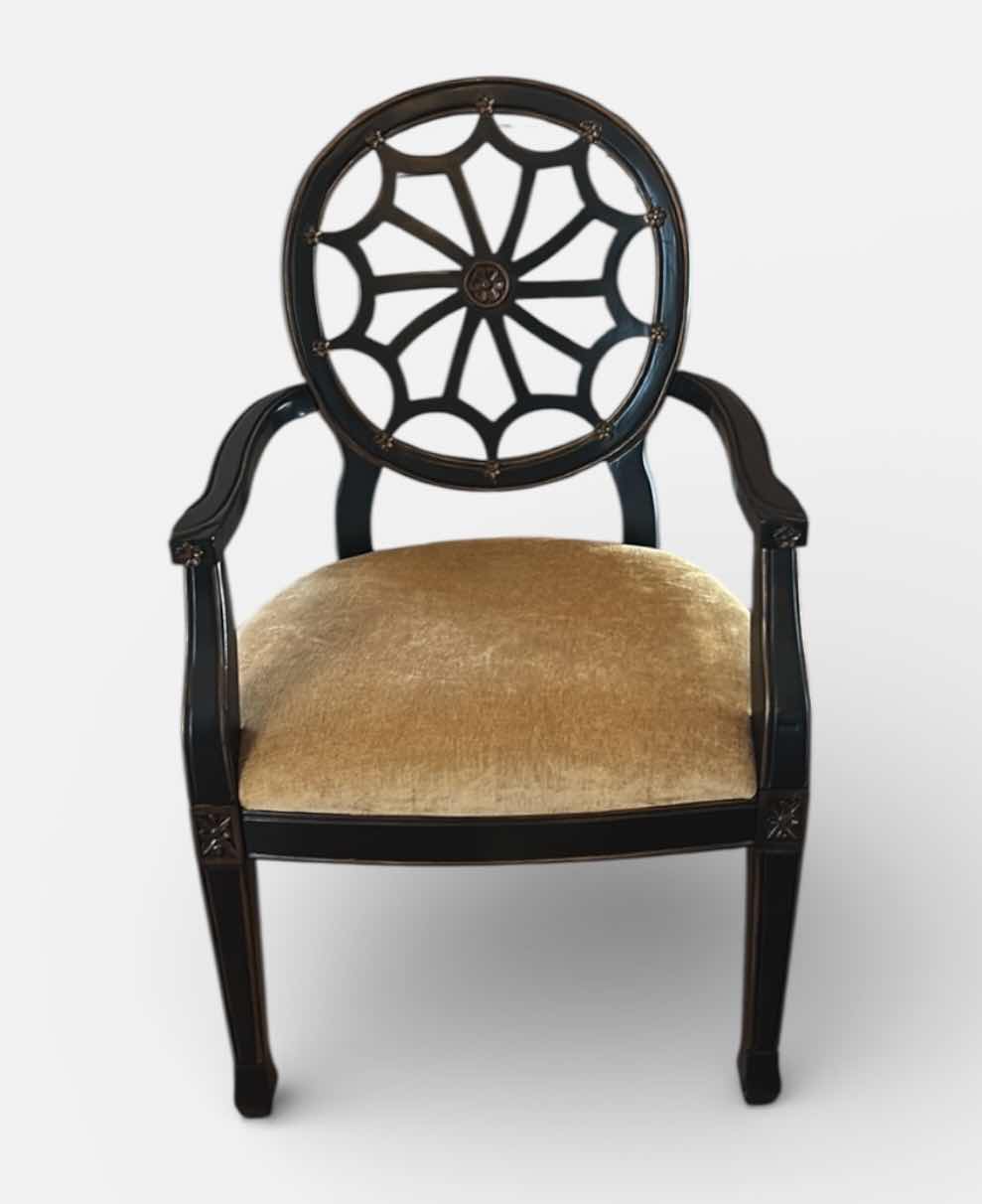 Photo 1 of WOOD ARM CHAIR WITH ROUND OPENWORK BACK, UPHOLSTERED SEAT CUSHION, DARK FINISH FRAME 23“ x 21 1/2“ x H38“