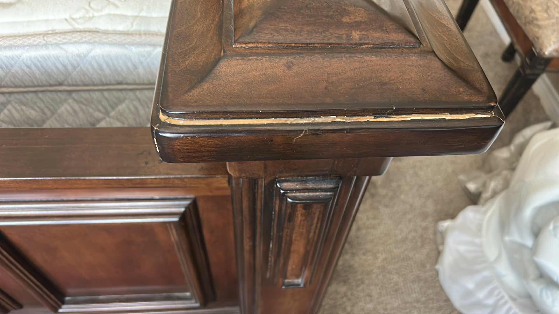 Photo 1 of HOMELEGANCE ADELINA COLLECTION PANEL BED, FEATURING A CHERRY FINISH, FAUX LEATHER UPHOLSTERED HEADBOARD WITH BUTTON TUFTING, AND INTRICATE WOOD CARVINGS. 7‘ x 8‘ x H6‘ $2200