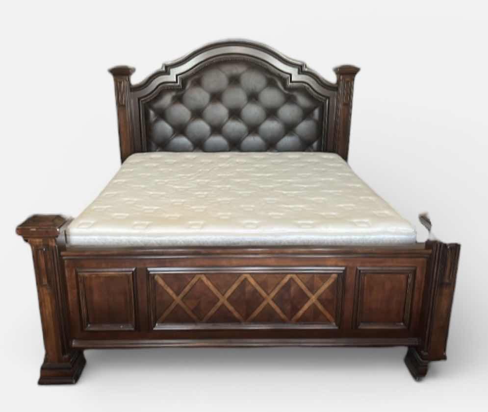 Photo 1 of HOMELEGANCE ADELINA COLLECTION PANEL BED, FEATURING A CHERRY FINISH, FAUX LEATHER UPHOLSTERED HEADBOARD WITH BUTTON TUFTING, AND INTRICATE WOOD CARVINGS. 7‘ x 8‘ x H6‘ $2200