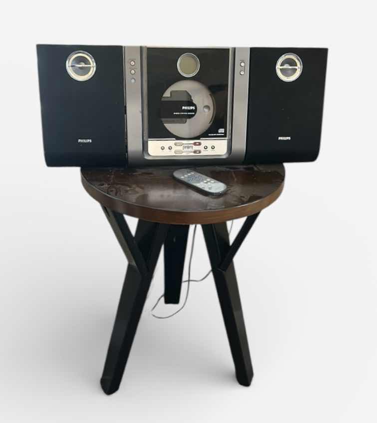 Photo 1 of 2’ SMALL WOOD TABLE WITH CD PLAYER WITH SPEAKERS