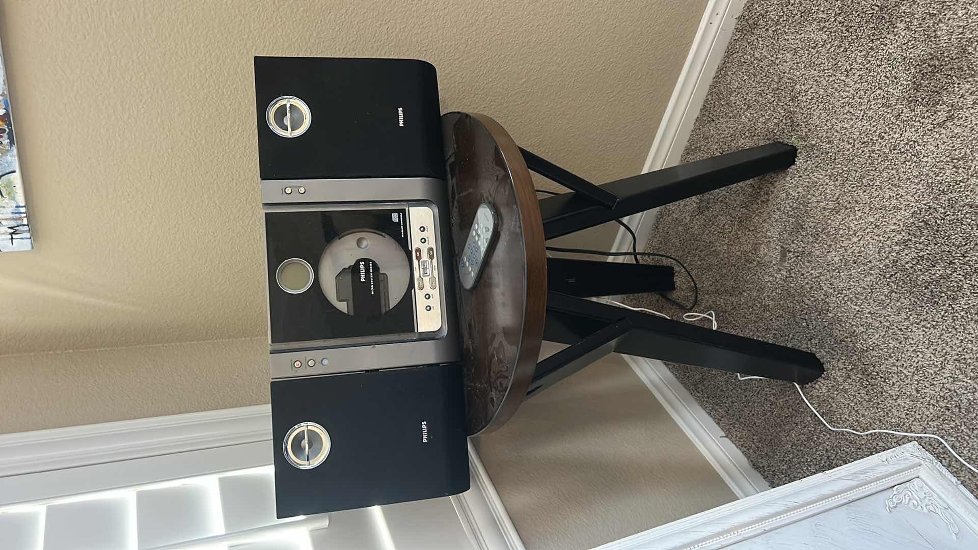 Photo 1 of 2’ SMALL WOOD TABLE WITH CD PLAYER WITH SPEAKERS