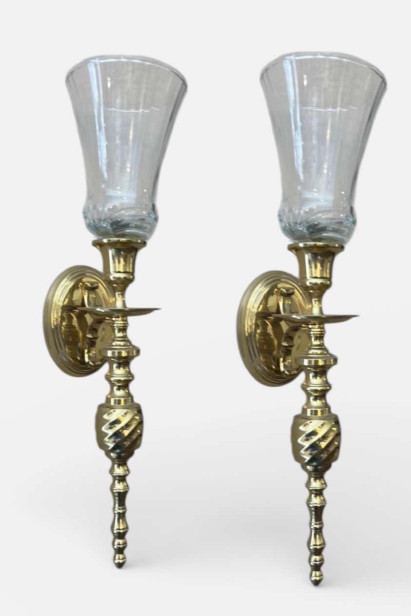 Photo 1 of 2 BRASS AND GLASS WALL SCONCES H14 1/4”