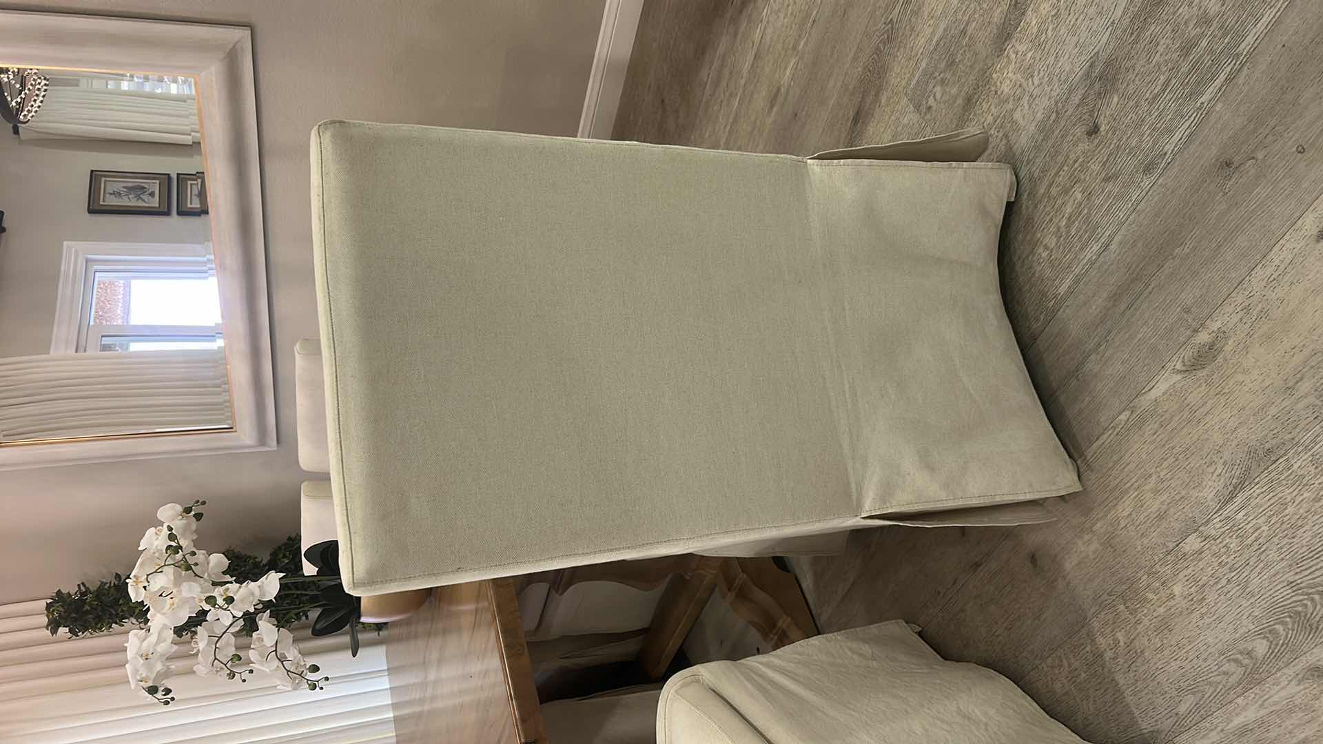 Photo 1 of 2- UTTERMOST COLEY OFF-WHITE LINEN PERFORMANCE FABRIC SLIPCOVERED ARMLESS CHAIR WITH PILLOW
REGULAR PRICE
$895.00 22 1/2“ x 25“ x 39 1/2“ SEAT HEIGHT 19.5”