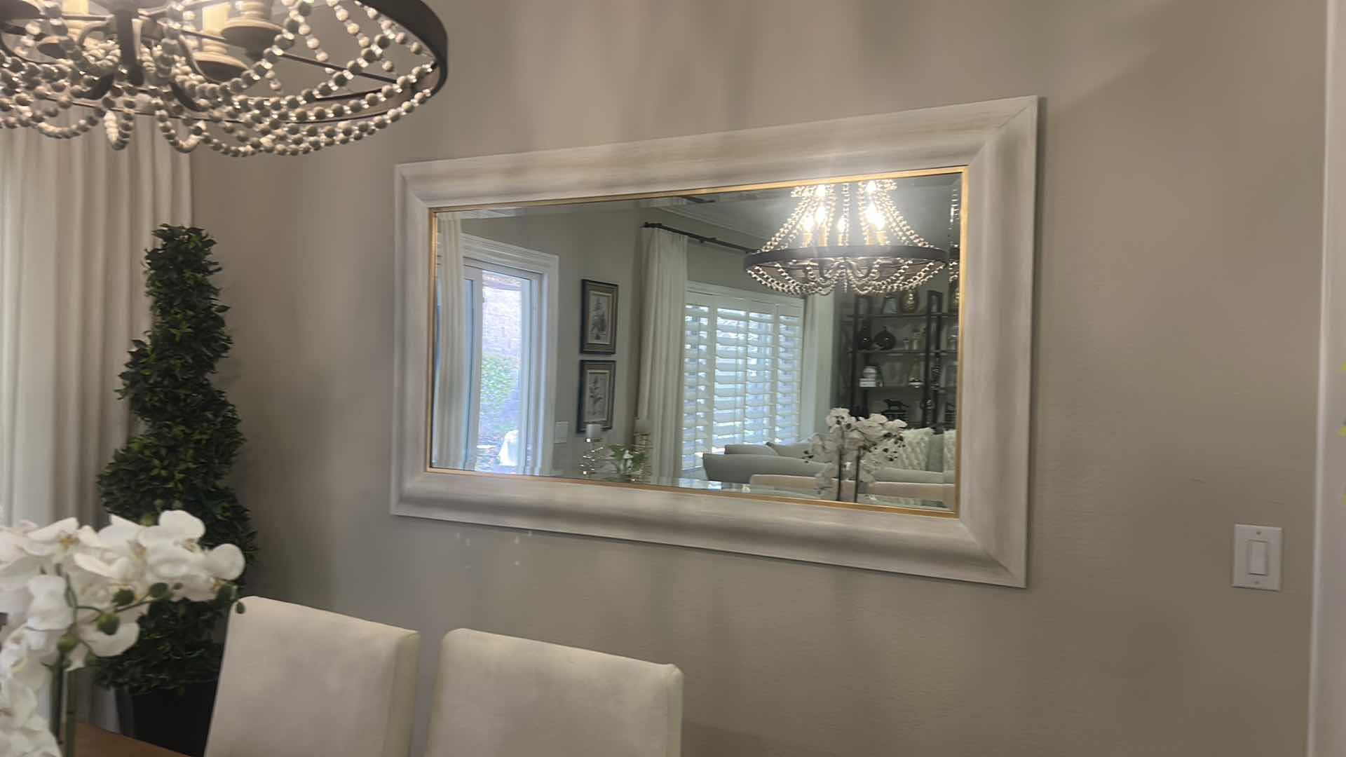 Photo 1 of OFFWHITE SLIGHTLY DISTRESSED GOLD ACCENTED FRAMED BEVELED GLASS MIRROR 71“ x H41 1/2“